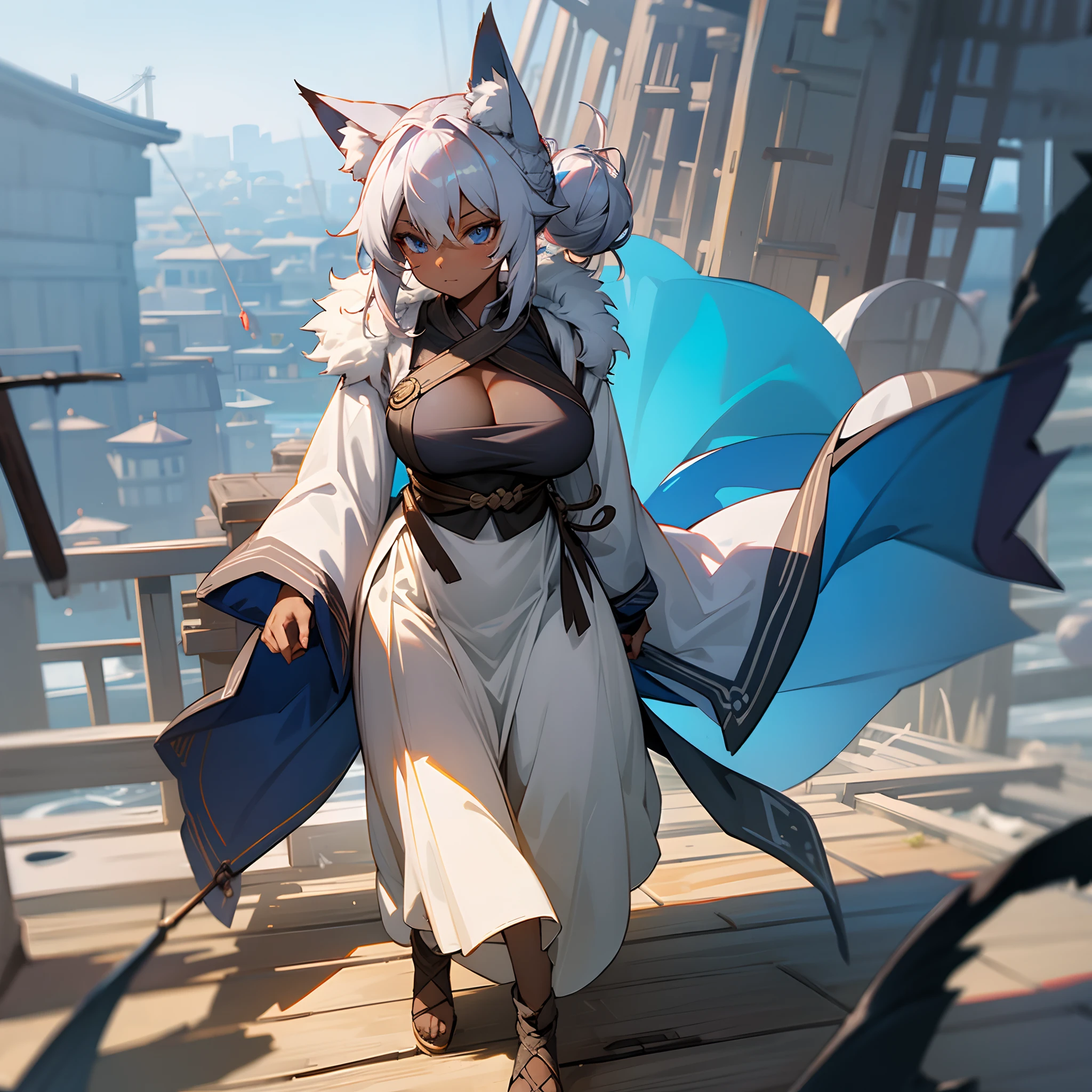 1female, big breast, messy grey bun, dark skin, blue eyes, best light and shadows, loose adventurer clothing, oversized fur hood, walking down path, fishing village, fox ears