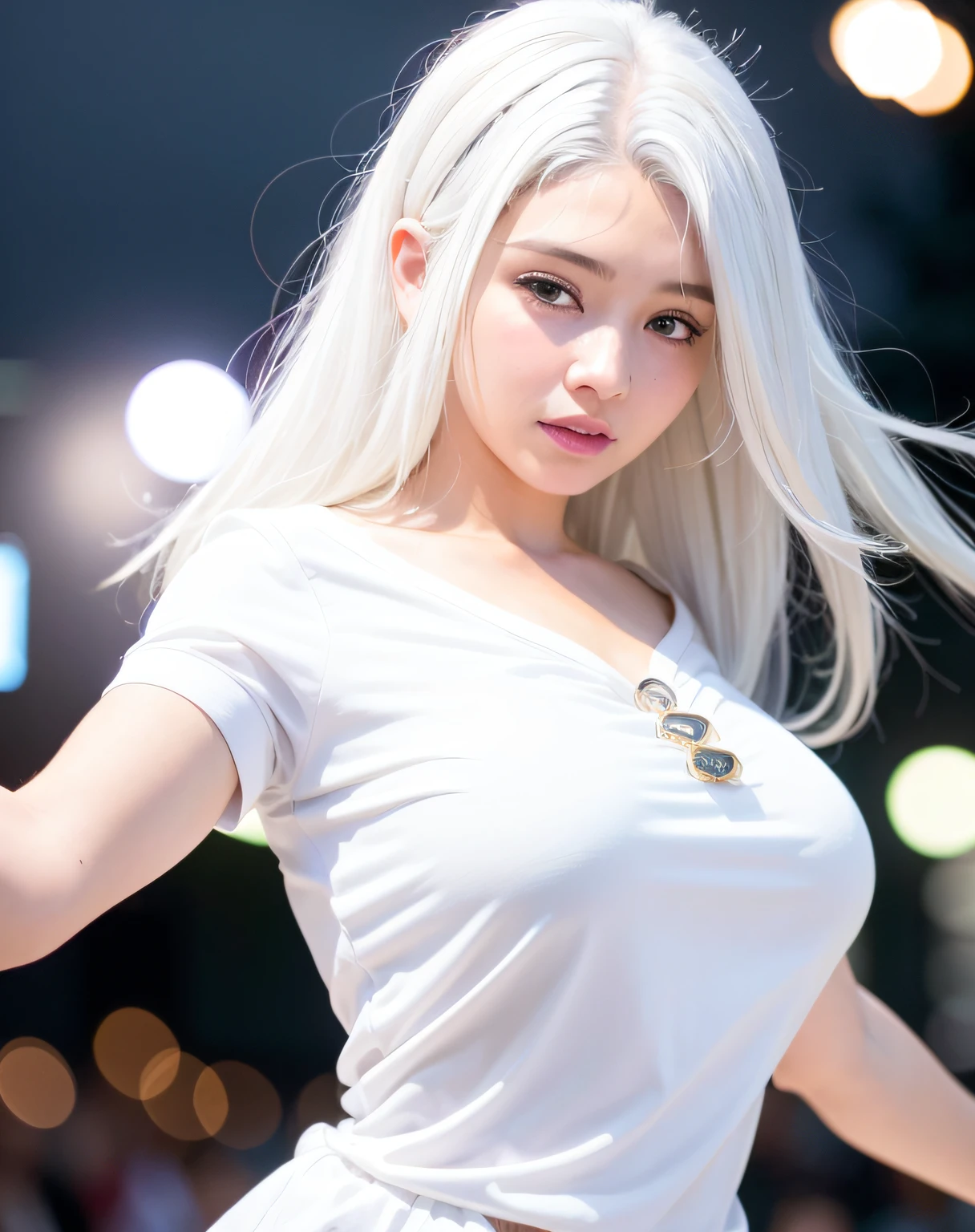 best quality, photorealistic, 8k, high res, 1girl, woman,(skindentation), (large breast), (professional lighting, bokeh), (street), (people, crowds:0.6), market, (night:1.2),(white hair:2.0), (blouse:1.5), (portait:0.6), gorgeous, bloom, (floating hair),(light particles, lens flare, glowing particles:0.6), (dynamic pose:1.2), soft lighting,