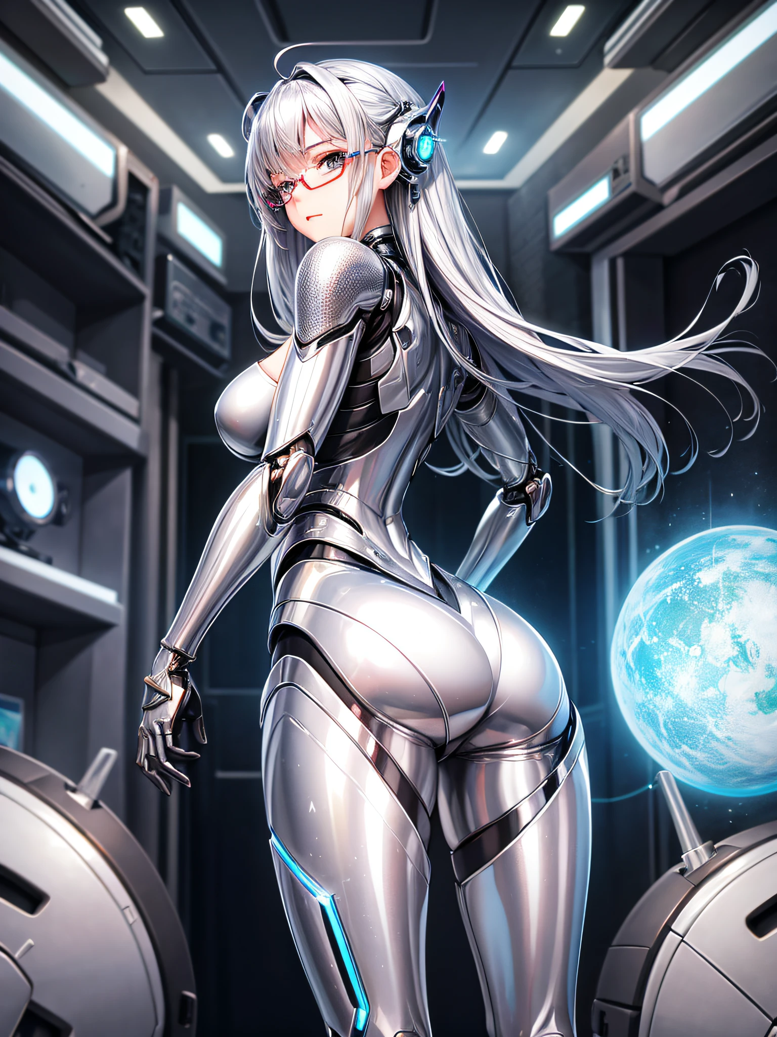 5 8K UHD、Silver metallic body mechanical beauty wearing glasses is turning around with her ass turned、Silver metallic robot with hidden skin shiny、Metallic buttocks