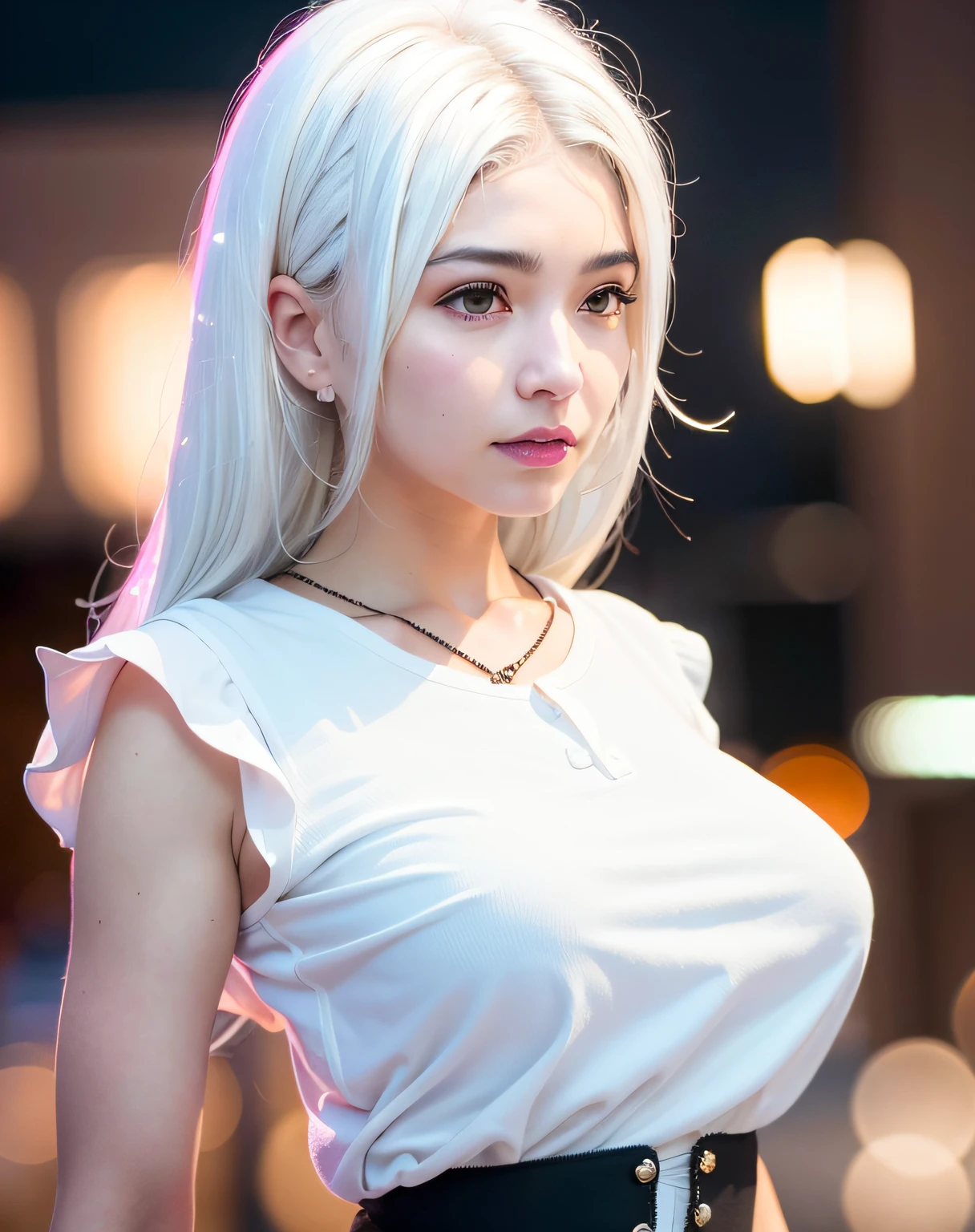 best quality, photorealistic, 8k, high res, 1girl, woman,(skindentation), (large breast), (professional lighting, bokeh), (street), (people, crowds:0.6), market, (night:1.2),(white hair:2.0), (blouse:1.5), (portait:0.6), gorgeous, bloom, (floating hair),(light particles, lens flare, glowing particles:0.6), (dynamic pose:1.2), soft lighting,