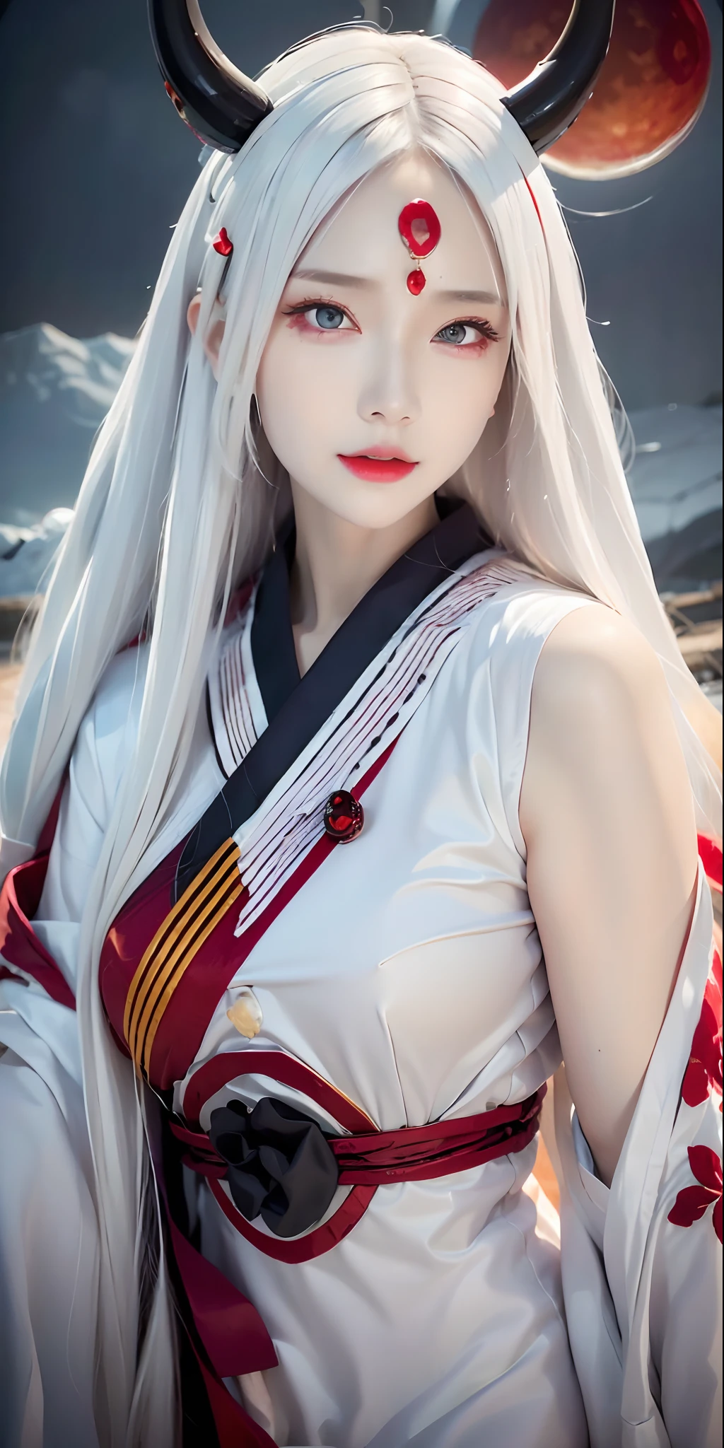 face lighting,bright backlight,super high resolution,best quality,Photos,4k,(Realistic:1.2),huiye,1girl,(kimono:1.1),(the third eye:1.3),horns,(pale skin:1.5),(white hair:1.2),long hair,(night:1.2),
(red moon:1.4),