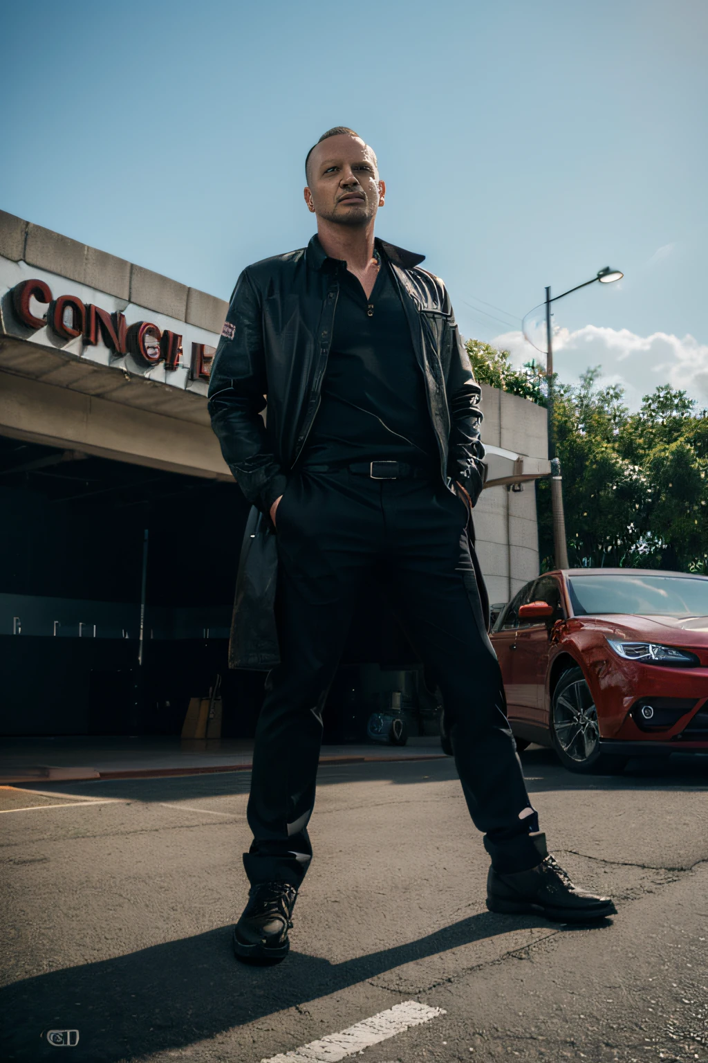 Jason Tyson、Transporter、Car Action、Urban area、 Full Body Boat、High photo quality、8K、