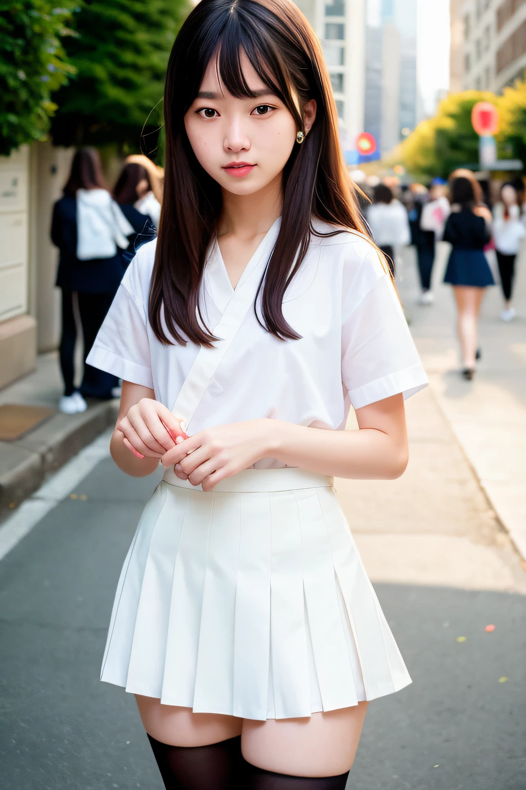 (Highly Detailed CG Unity 8K Wallpaper), (Masterpiece), (Best Quality), (Best Illustration), (Best Shadow), (Photorealistic: 1.6), Real Human Skin, Lens Flare, Shade, Backlight, Bloom, Depth of Field, Natural Light, Hard Focus, Film Grain, Beholder, Asian, KPOP Idol: 1.5, (PureErosface_ V 1:0.5), 1 woman, 21 years old, solo, skinny, pale skin, soft lips, (pale eyebrows: 1.4), shiny brown eyes, black straight hair, small breasts, thin beautiful sky, street (crowd: 1.2), night, (blusher), beautiful narrows, white Japanese school uniform, sailor suit, black pleated skirt, stockings, sneakers, happy, smile