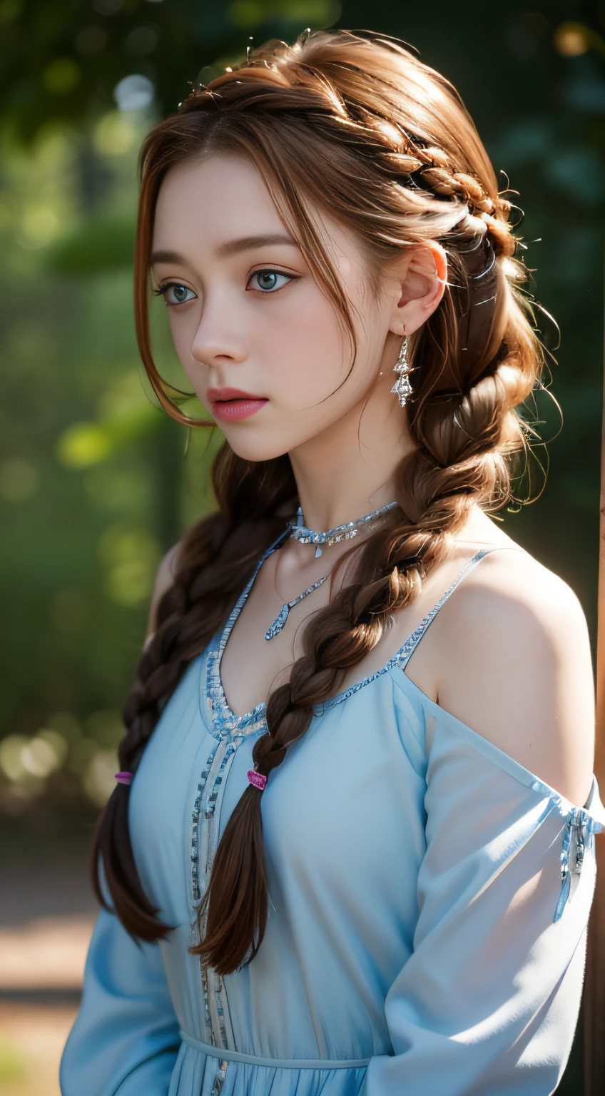 Sadie Sink, In the Lavate Movie, by Valerian Volochik, Erotic, 1girl in, Blue_Eyes, Blurry, Blurry_Background, braid, Choker, Depth_in the_field, Dress, earrings, Eyelashes, freckle, hair_Over_Shoulder, Jewelry, Lips, long_hair, long_sleeves, up looking_で_viewer, Necklace, Pendants, puffies_long_sleeves, puffies_sleeves, Realistic, Single_braid, Solo, twin_Braids, The upper part of the body_Body