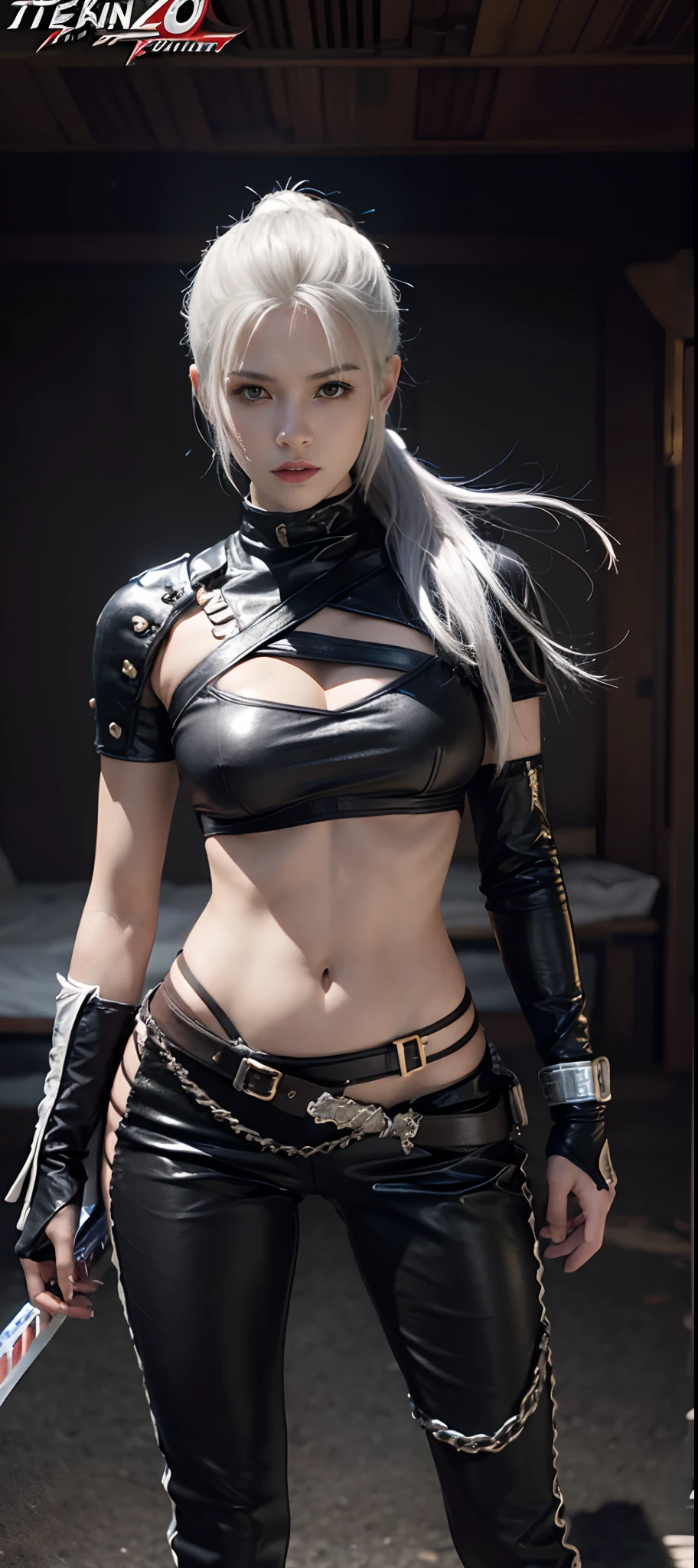 a close up of a person in a costume with a sword, as a character in tekken, female character, tifa lockhart with white hair, katana zero video game character, lunar themed attire, kda, slim body, cyborg - girl with silver hair, upper body avatar, (( medium breast;1.2)), fashion gameplay screenshot, fighting game character, new character, floralpunk elysian maiden, sigma female