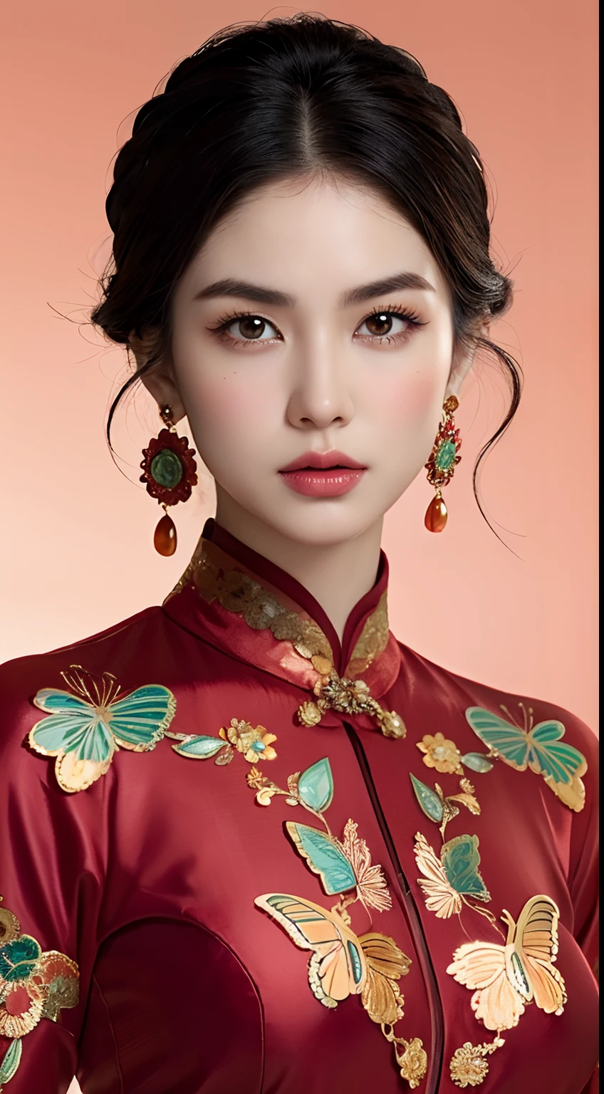 Photorealistic, high resolution, (Detailed face),((full bodyesbian))The description of the appearance and makeup of classical Republican beauties and the details of clothing can include the following aspects:
1. Physical depiction:
- A beautiful face,The skin is as fair as jade,Reveals a healthy glow。
- Crooked apricot eyes,The eyes are bright and deep。
- Long eyelashes,Slightly upturned,Dotted with beautiful butterfly wings。
- A slightly erect high nose,Complements facial contours。
- Ruddy lip color,A slightly seductive glow。
2. Makeup details:
- Refined and lightweight base,Moisturizing but not greasy,Leaves skin feeling naturally transparent。
- Light eyeshadow base,Highlights the brightness and luster of the eyes。
- Fine eyebrows,Beautiful curves,Creates a beautiful symmetry with the eyes。
- Thick and upturned lashes,Create an attractive curly effect with mascara。
- Mild blush,Slightly upward,Add pink and cute glow。
- The delicate lip line outlines the perfect curve of the lip shape,Apply lipstick evenly,The colors are vivid and moving。
3. Clothing description:
- Style during the Republican period,The attention to detail,Incorporate traditional elements。
- High-quality cheongsam,Silk texture,Cut to fit snugly,Accentuate the curves of your figure。
- Delicate embroidery、Lace and sequin trims,Add flamboyance and sophistication。
- Intricate flower and bird patterns or geometric decorations,It reflects the characteristics and aesthetics of the era。
-Accessories,Usually with a delicate necklace、Earrings and bracelets,Add feminine elegance