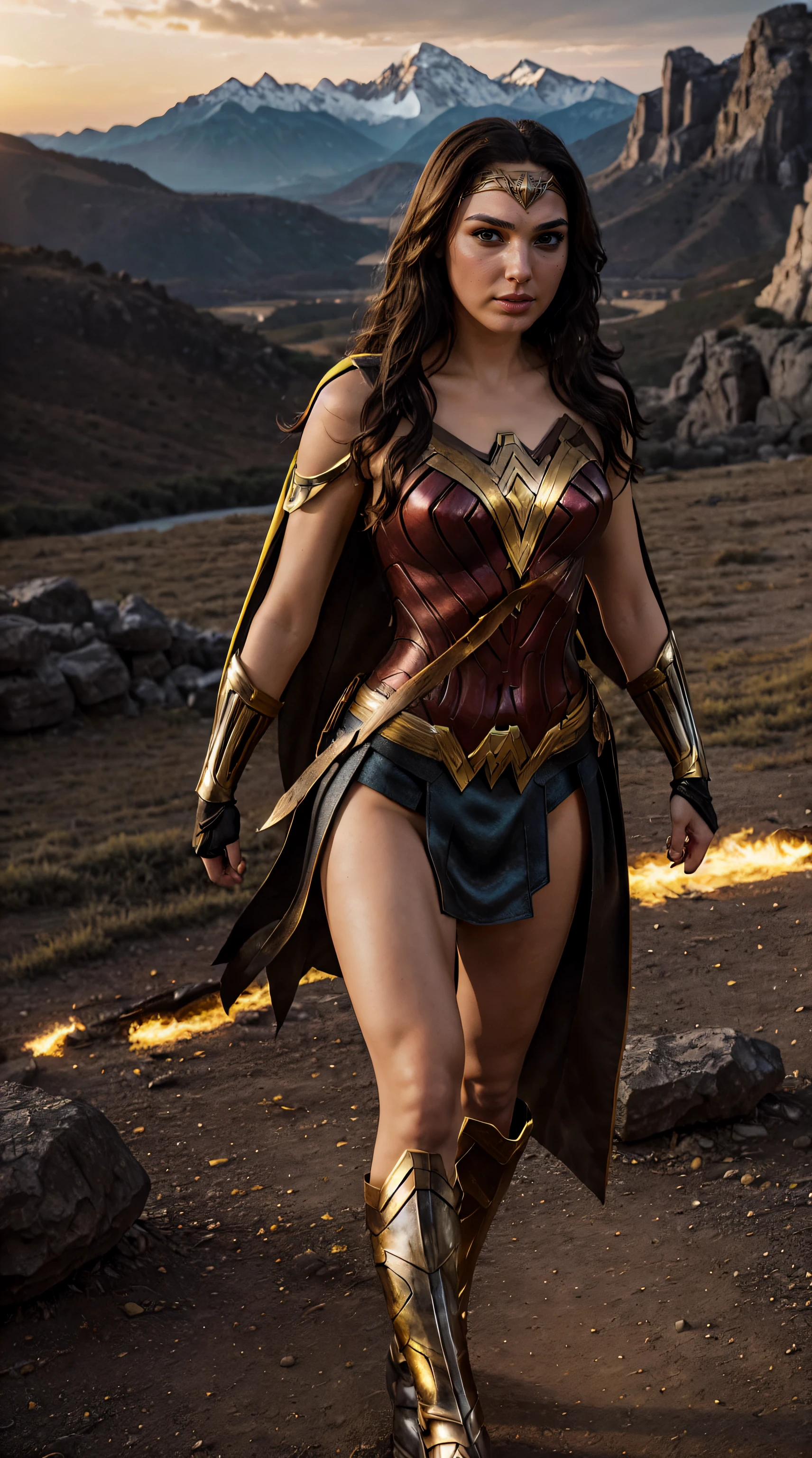 gal gadot is wonder-woman (((costume with yellow and black tones))), mountain, stunning scenery, surreal lighting, extremely extravagant lighting, beautiful scenery, afternoon, natural, sunset, sun shining hidden