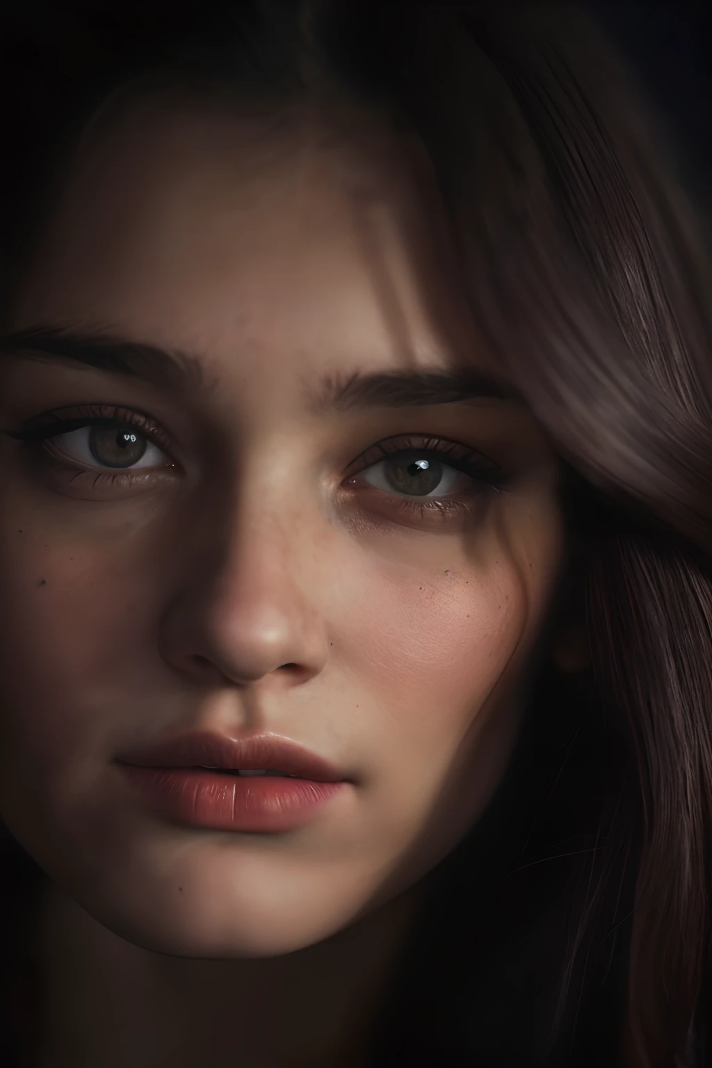 (close-up, editorial photograph of a 21 year old woman), (highly detailed face:1.4) (smile:0.7) (background inside dark, moody, private study:1.3) POV, by lee jeffries, nikon d850, film stock photograph ,4 kodak portra 400 ,camera f1.6 lens ,rich colors ,hyper realistic ,lifelike texture, dramatic lighting , cinestill 800, looking infront of camera