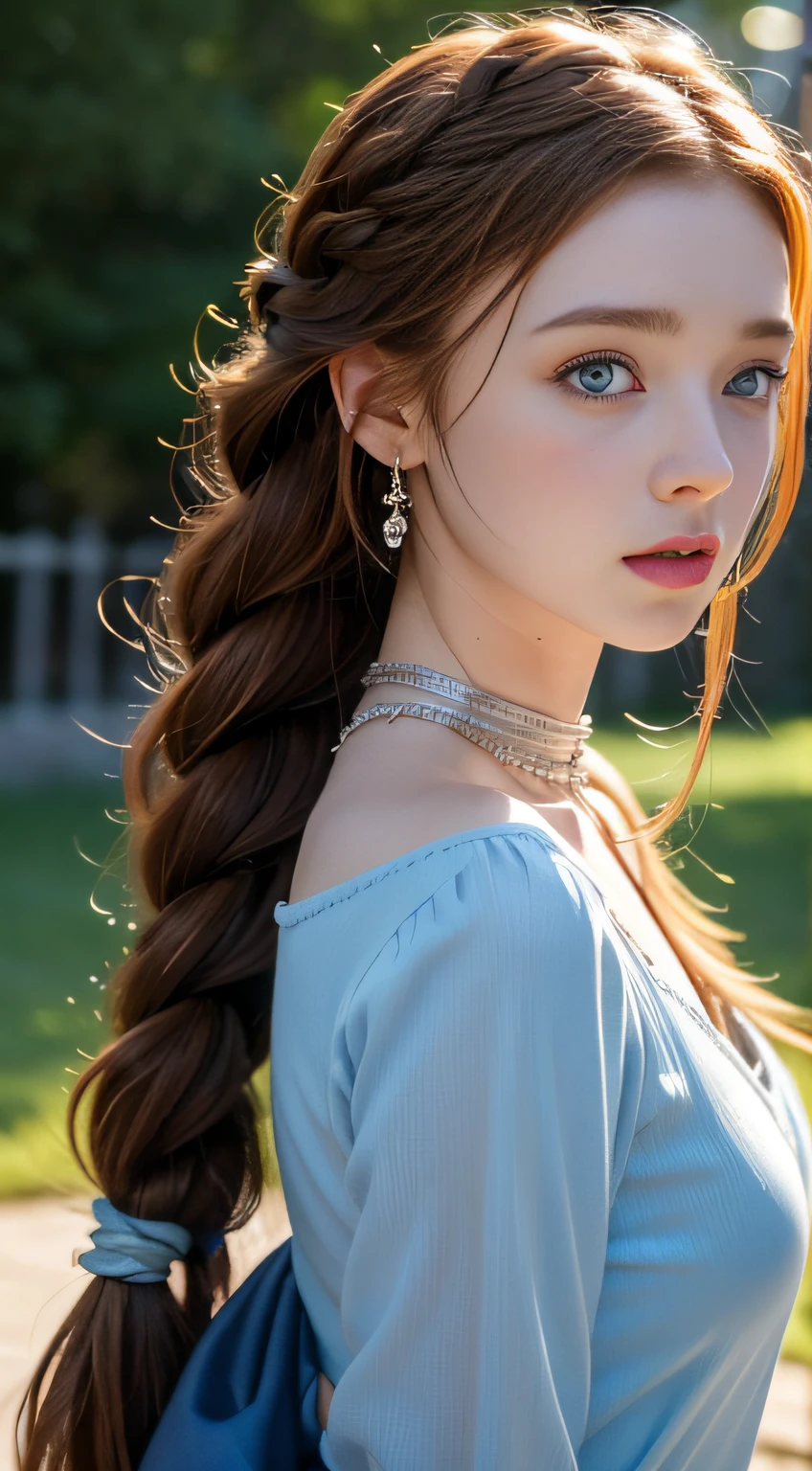 Sadie Sink, In the Lavate Movie, by Valerian Volochik, Erotic, 1girl in, Blue_Eyes, Blurry, Blurry_Background, braid, Choker, Depth_In the_field, Dress, earrings, Eyelashes, hitornfreckles, hair_Over_Shoulder, Jewelry, Lips, long_hair, long_sleeves, up looking_で_viewer, Necklace, Pendants, puffies_long_sleeves, puffies_sleeves, Realistic, Single_braid, Solo, twin_Braids, The upper part of the body_Body