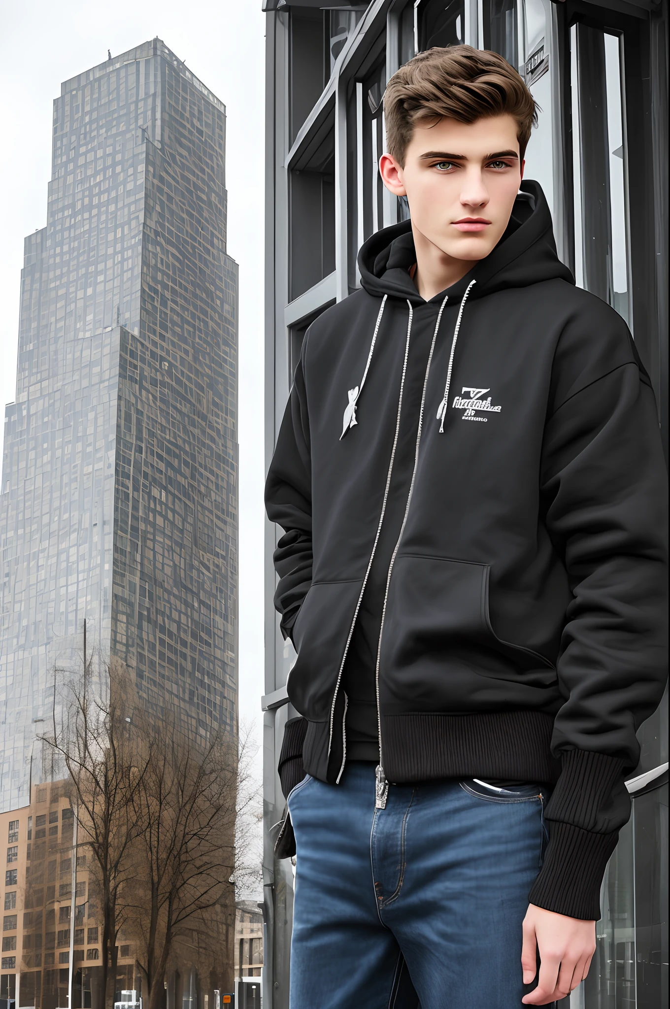 The man is tall, 17 year old brunette with green eyes. Nationality: russian . Standing next to a tall skyscraper. Dressed in wide-leg black jeans, black hoodie and jacket. Photo taken in winter.