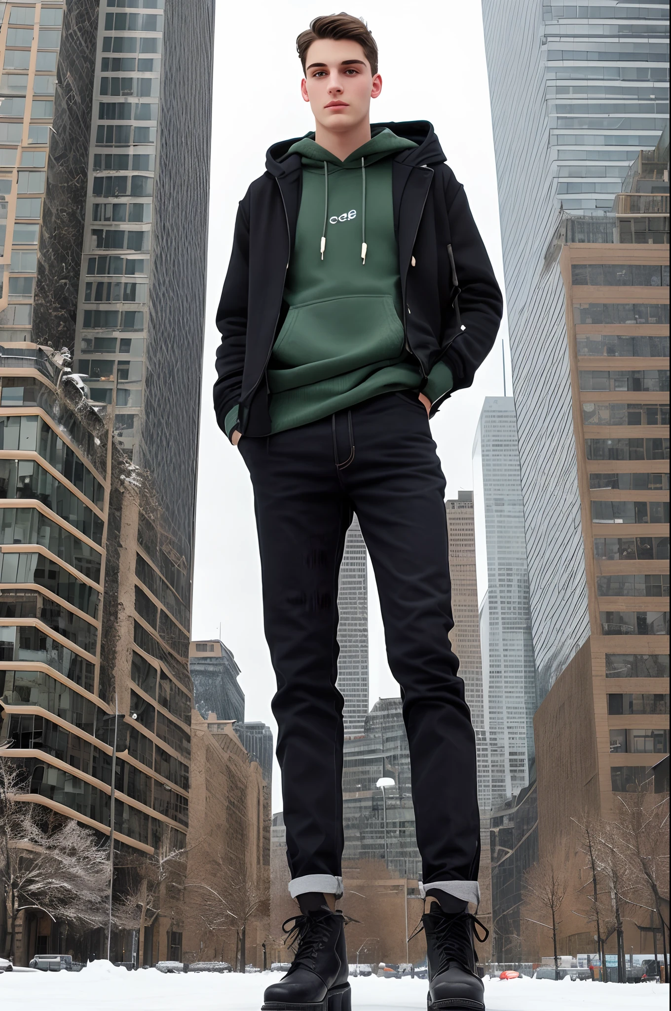 The man is tall, 17 year old brunette with green eyes. Nationality: russian . Standing next to a tall skyscraper. Dressed in wide-leg black jeans, black hoodie and jacket. Photo taken in winter.