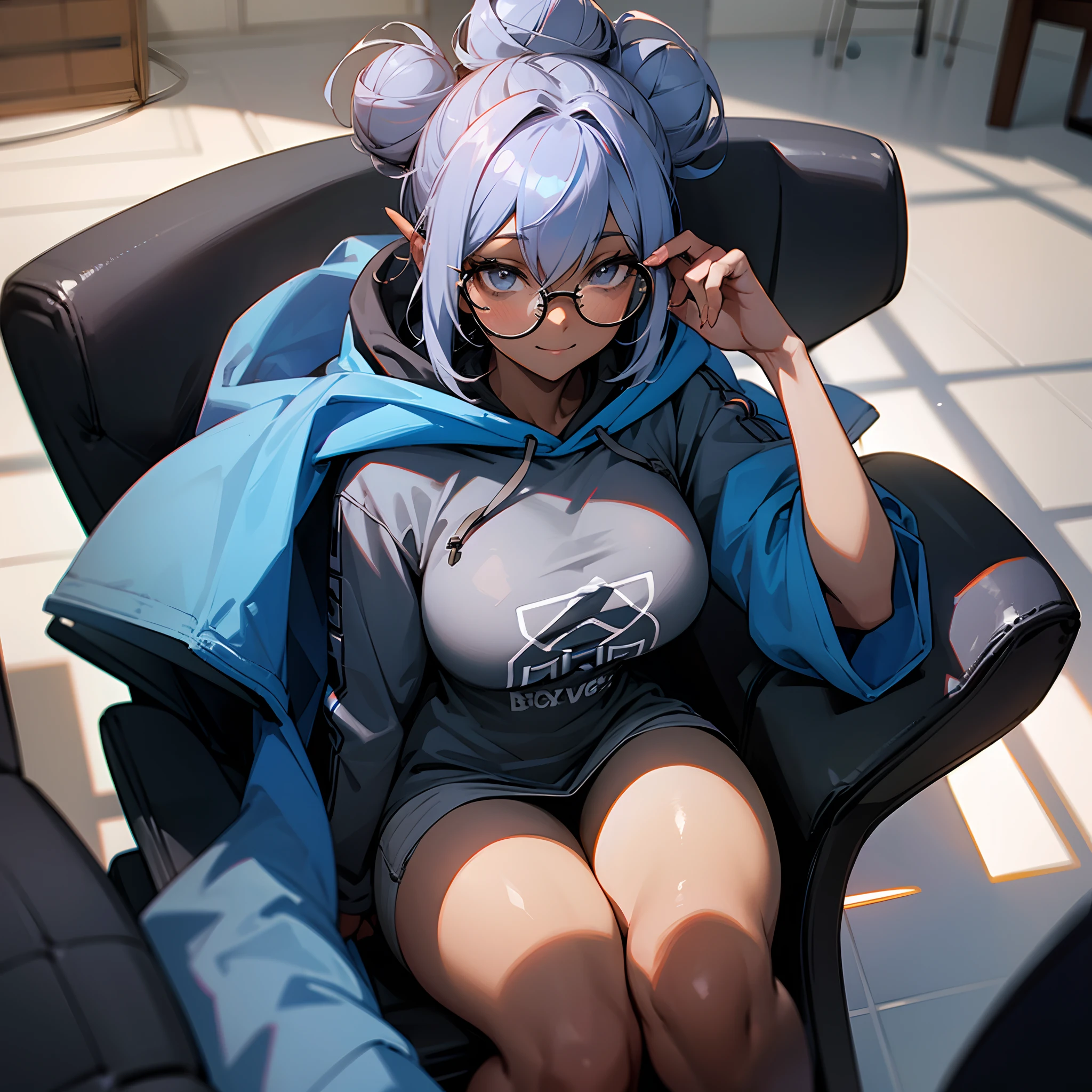 1female, messy blue buns, dark skin, grey eyes, glasses, light smile, gamer, casual oversized hood, best light and shadows, sitting in gaming chair, big breast