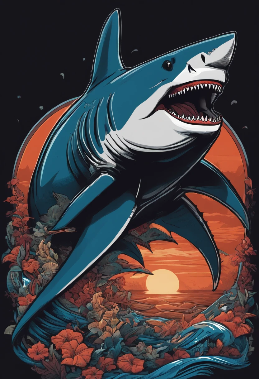 /imagine prompt: shark illustration for a sticker with a black background, in bold outline style, jagged edges, trashcore, light shading --v 5.2