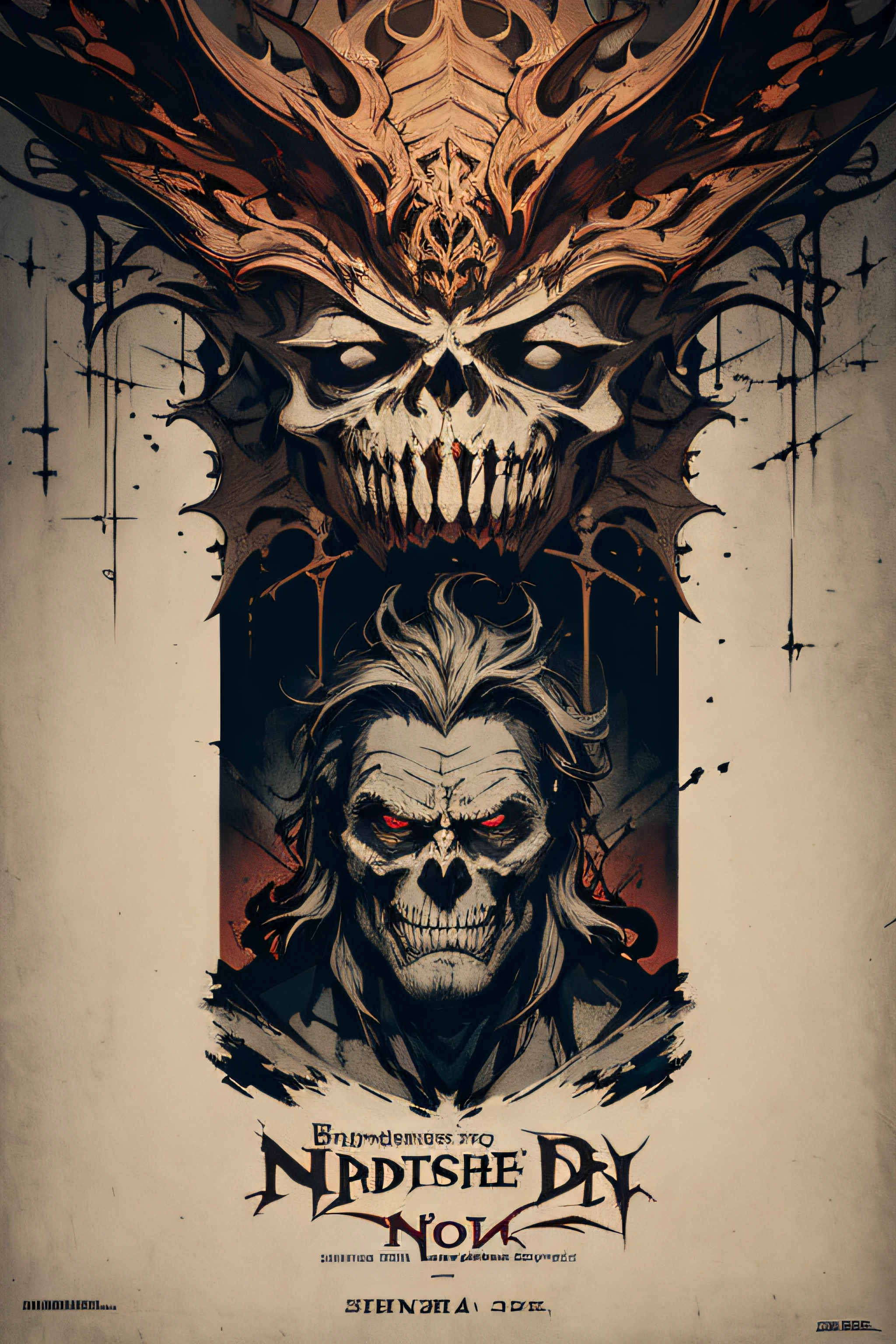 From the depths he emerges, vulture skull, The crimson hues. Whispers of the otherworldly echo, A madness and beauty fuse. In the night sky adorned with abyssal splendor, Entwined by threads of fate, The deranged revel in ecstasy's roar, ruler of the depths, in our pursuit of desires so forlorn, We embark on a path of madness and despair, Guided by the disciples of the one we adorn. On the grand boulevard, grotesque forms stride, Where terror and beauty intertwine. In the realm betwixt dreams and nightmares, We surrender ourselves to euphoria's shrine. Praise his name, the vulture skull, Monarch of the abyss, the wellspring of our insanity. In this eternal procession's stage, We celebrate the coming of the world's calamity.