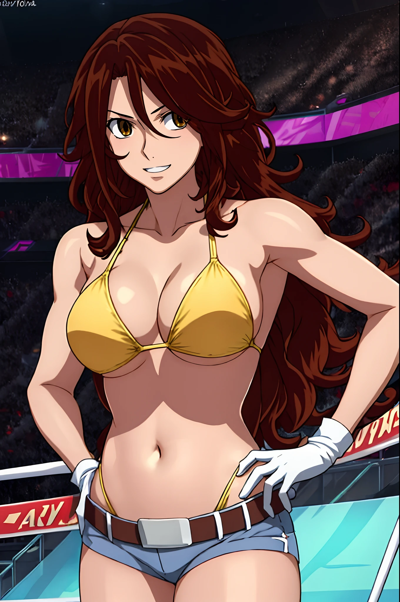 curvy midsection, solo, 1 girl, female wrestler, ultra toned arms, smile, ), (detailed titration screen, upper body only, anime style: 1.8, anime drawing, ultra detailed face, ultra detailed body, 4k, Sumergai Lee Noriega, (standing), best quality, anime style, hires, highest definition, digital blending, bold drawing lines, ((wwe diva), ((location: wrestling arena, crowds watching)), ( pro female wrestler, slim body, (little biceps), , off-shoulders, closed fists, (very curvy: 2.8)), ((elegant bikini , shorts, white gloves, collar, arm band, (champion belt))), (pale skin, big breasts, widely open mouth, teeth), (big eyes, brown eyes, shiny eyes), (), (brown hair, loose hair, curly hair, wavy hair, long hair, missy hair), 27 years old, (folded arms)