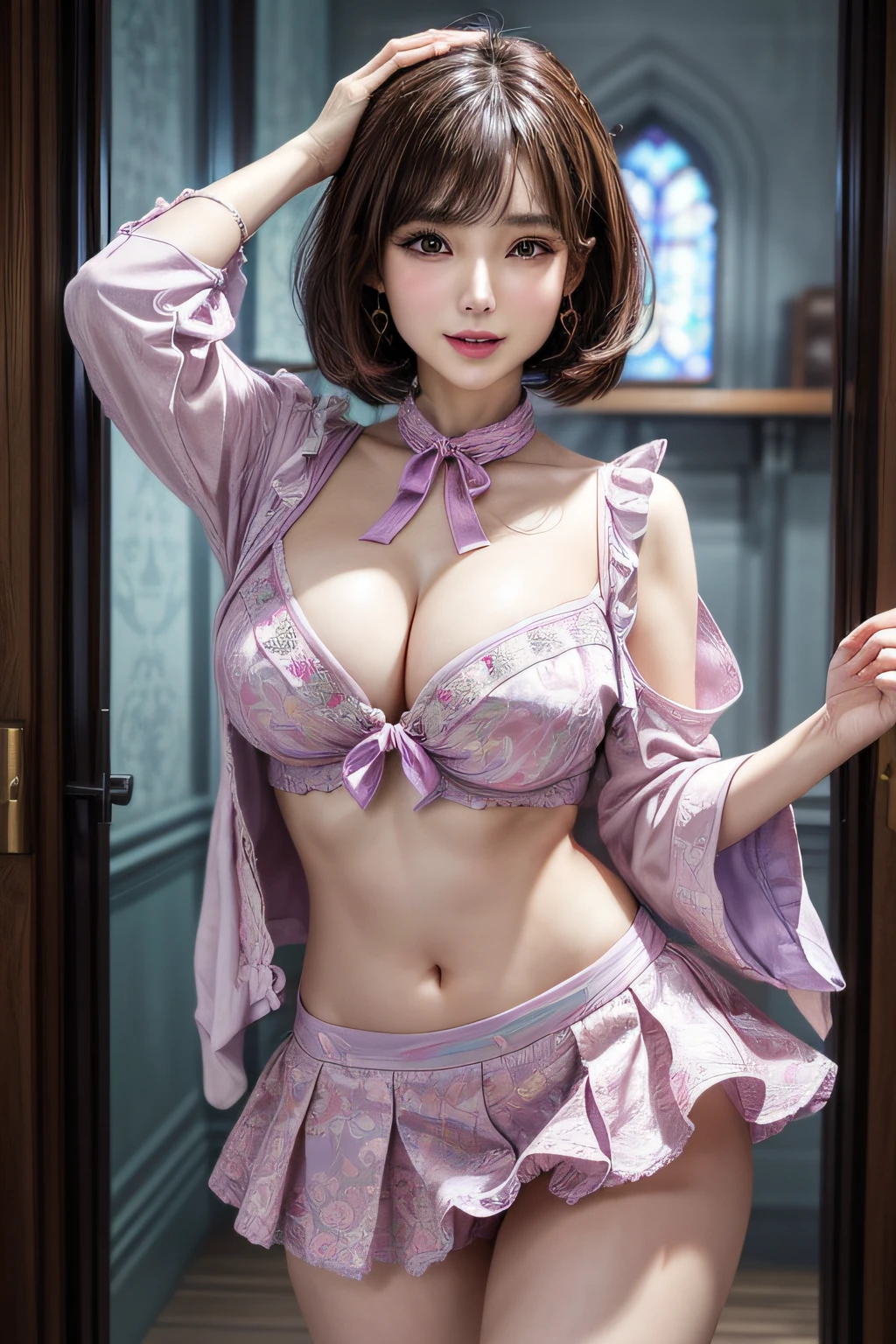 (1 Ultimate Beautiful Mature Woman)、hyperdetailed face、Detailed lips、A detailed eye、二重まぶた、Short brunette hair, ((Opens mouth and laughs))、(Colorful blouse of smallest size and colorful tight mini skirt of minimum size)、((large full breasts))、thighs thighs thighs thighs、((Sexy prostitutes))、(Dancing)、(cowboy shot)、perfect hand, Perfect fingers, perfect chest, Perfect fit, perfect bodies, face perfect, depth of fields、Perfect image realism, Background with:((Secret Room of the Members Club))、Meticulous background with, detailed costume, Perfect litthing、Hyper-Realism、Photorealsitic、8K maximum resolution, (masterpiece), ighly detailed, Professional