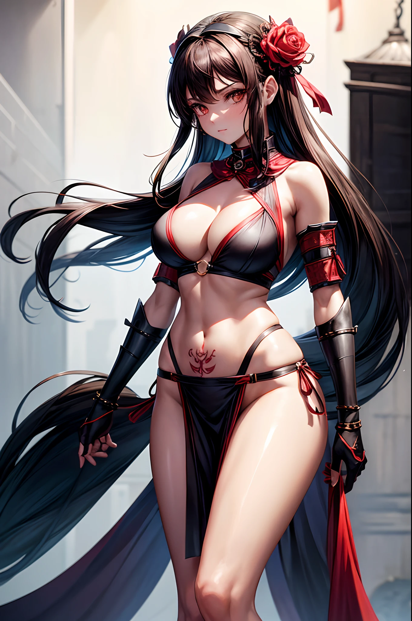She has long dark brown/black hair that comes mid-way down her back with bangs in the front and long forelocks and brown eyes. She has a well-toned but surprisingly voluptuous figure. She is also one of the most fair-skinned, she wears a black headband with a white shuriken emblem on it. She also wears a long red scarf around her neck with the ends hanging down her back. She's dressed in a swimsuit mesh garment- with red and black segments visible underneath, a prominent tattoo of a red rose in bloom, covering the area between her navel and right hip. She wears shiny metal Samurai-style arm guards over her forearms and hands. She wears black tabi socks and straw sandals with Kôgake armor. full moon, fighting stance
