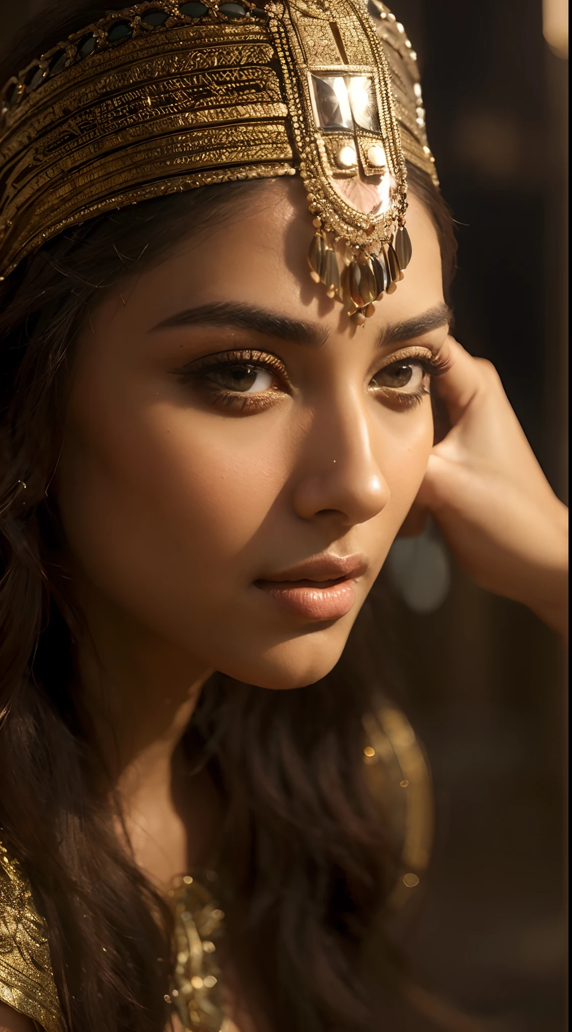 a close up of a woman wearing a headdress, trending on cg society, arabesque, beautiful lighting uhd, egyptian makeup, indian super model, maya ali as a wind mage, tanned ameera al taweel, cleopatra portrait, dreamy mila kunis, hd shot, of indian princess, smoldering, desi, arab