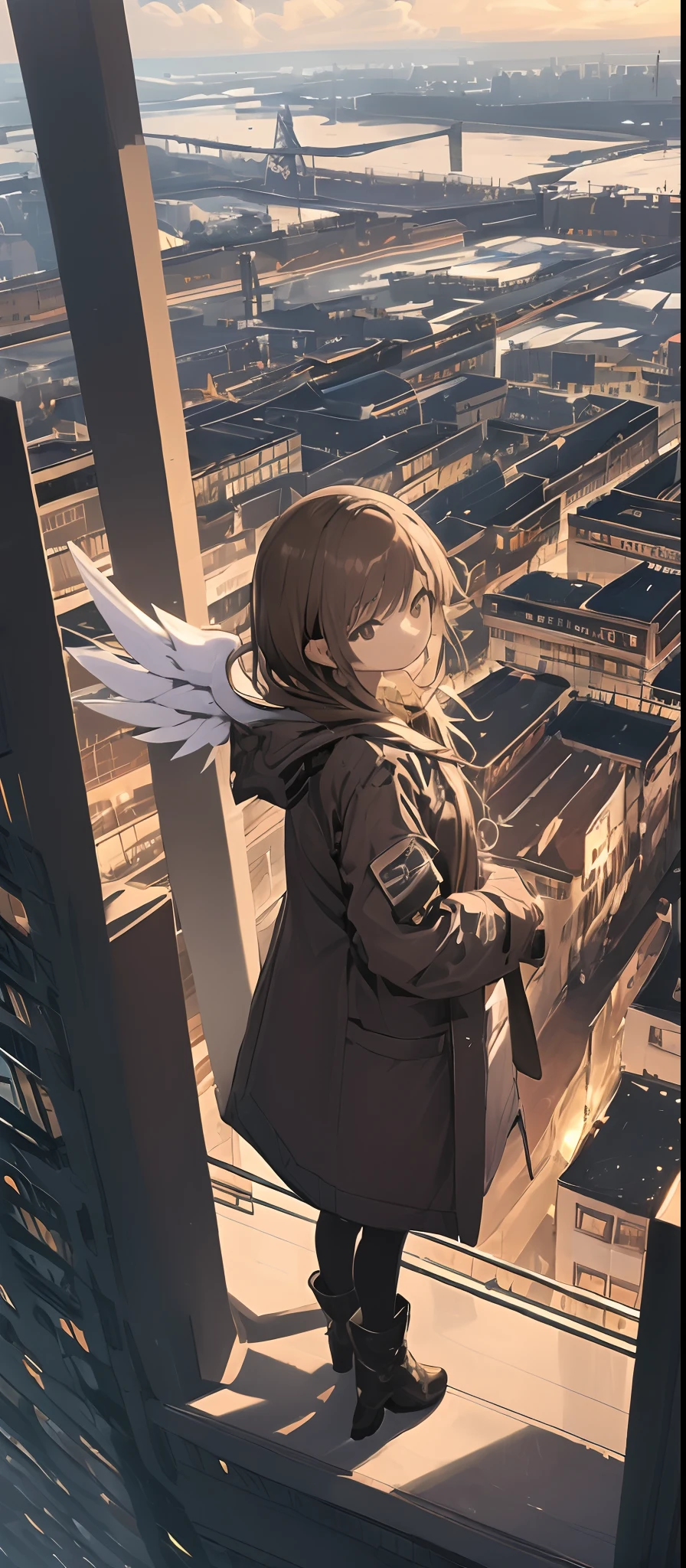 (masterpiece、top-quality),From above, 1girl in, 独奏, (Feather wings:1.2), signboard, brown-eyed, brown haired, built, city nigth, cloudy ash sky, coat, boots, cranes \(machines\), Dutch angle, From the side, Light frown, Look at viewers, plein air, On the rooftop, Skysky, skyscraper、natta、stele