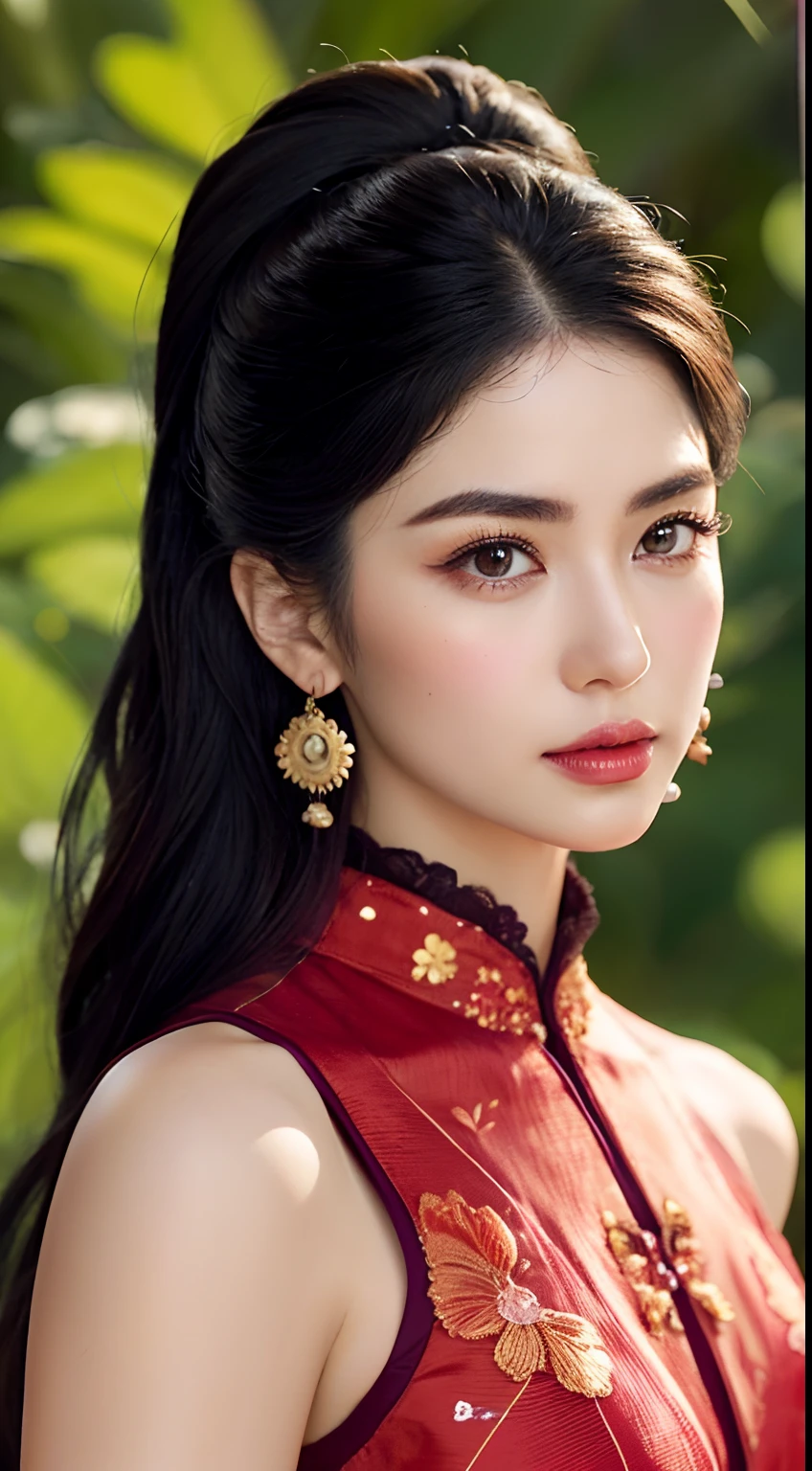 Photorealistic, high resolution, (Detailed face),((Full body photo))The description of the appearance and makeup of the classical republican beauty, as well as the details of the clothing, can include the following aspects：

1. Physical depiction：
   - A beautiful face，The skin is as fair as jade，Reveals a healthy glow。
   - Crooked apricot eyes，The eyes are bright and deep。
   - Long eyelashes，Slightly upturned，Dotted with beautiful butterfly wings。
   - A slightly erect high nose，Complements facial contours。
   - Ruddy lip color，A slightly seductive glow。

2. Makeup details：
   - Delicate and lightweight base，Moisturizing but not greasy，Leaves skin feeling naturally transparent。
   - Light eyeshadow base，Highlights the brightness and luster of the eyes。
   - Thin eyebrows，Beautiful curves，Creates a beautiful symmetry with the eyes。
   - Thick and upturned lashes，Create an attractive curling effect with mascara。
   - Light blush，Slightly upward，Add pink and cute sheen。
   - The delicate lip line outlines the perfect curve of the lip shape，Apply lipstick evenly，The colors are vivid and moving。

3. Clothing description：
   - Style during the Republican period，The attention to detail，Incorporate traditional elements。
   - Premium cheongsam，Silk texture，Cut to fit snugly，Accentuate the curves of your figure。
   - Delicate embroidery、Lace and sequin trims，Add flamboyance and sophistication。
   - Intricate flower and bird patterns or geometric decorations，It reflects the characteristics and aesthetics of the times。
   -Accessories，It is usually paired with a delicate necklace、Earrings and bracelets，Add feminine elegance