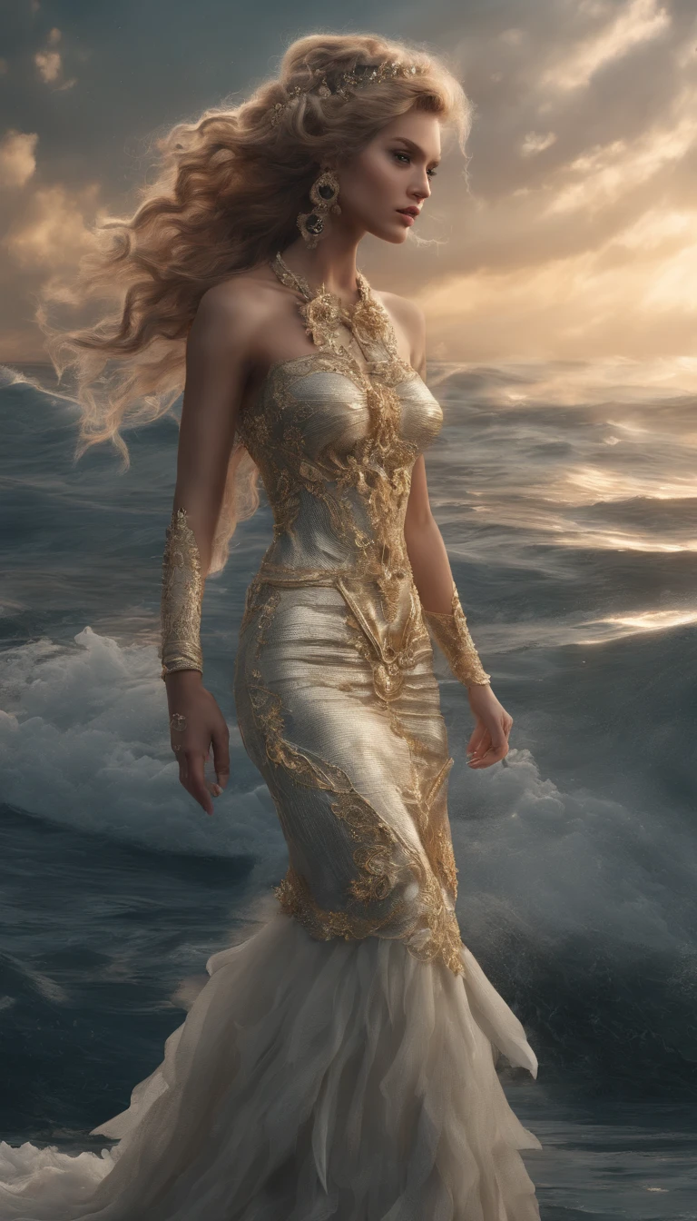 (Anthropomorphic mermaids with many tails:1.37), Fox, ((layered long hair)), ((beauitful face)), (Perfect slender white hands for 2 hands:1.25), (The golden dress resembles a mermaid's tail:1.6), magical, mysterious, Epic scenes, Scenes, Rembrandt in stormy style sky, Misty, the sunset, Dramatic lighting, Light, Amount of light, diffuse light, wide angles, illusory engine, Detailed, 3 d rendered, Action scenes, Photography Unreal Engine, octanerender,