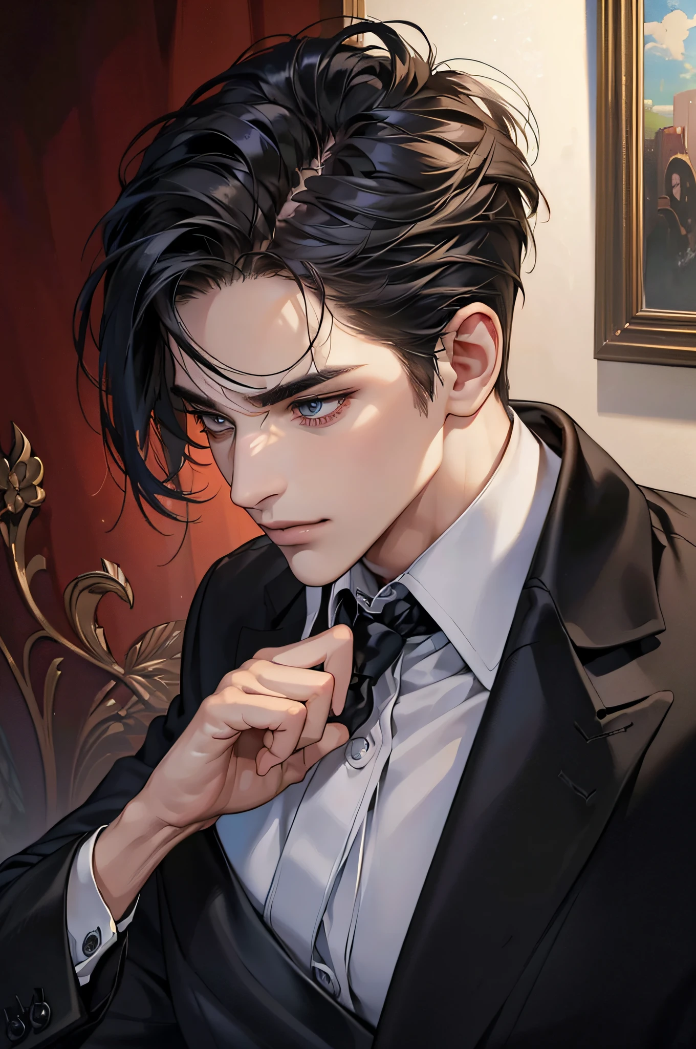 (Best quality, A high resolution, Ultra-detailed, Realistic:1.37), sportrait, A man facing a group of people, intense eye contact, Confident expression, Strong presence, Powerful gaze, Handsome features, chiseled jawline, fashion hair, neat beard, piercing eyes, Enchanted smile, fashionable attire, Tailor-made suits, crisp white shirts, Smooth tie, Polished shoes, High-end watches, Elegant accessories, A luxurious setting, Dimly lit room, Moody lighting, Dramatic shadows, Vibrant colors, Dynamic composition, Artistic brushstrokes, Oil painting style, masterful technique, Realistic textures, Fine details, depth and dimensionality, Cinematic atmosphere