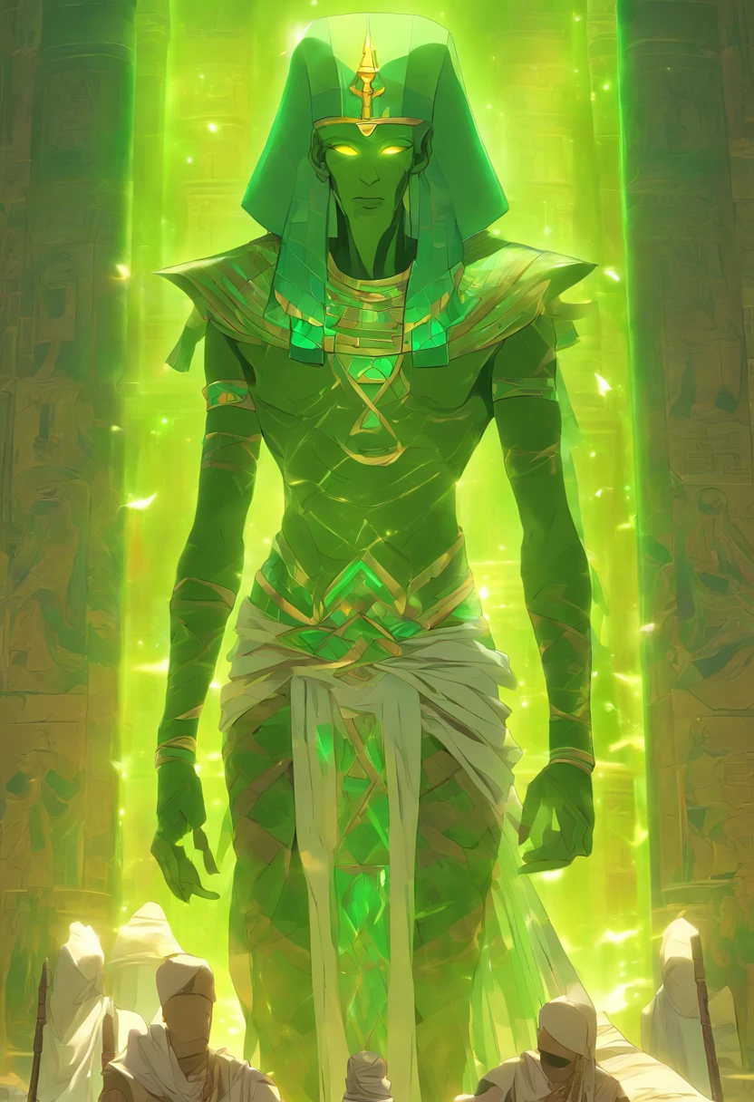 (((Mummified body and green skin))) best quality, very high resolution, 4K detailed CG, masterpiece, Egyptian mythology, Osiris, sun in the background, Ancient Egypt, standing pose, white clothes, Egyptian clothes, Egyptian temple, desert, Ancient Egypt, ((Mummified body and rotten skin)), Egyptian palace, aesthetics, beautiful image, centered on screen, standing pose
