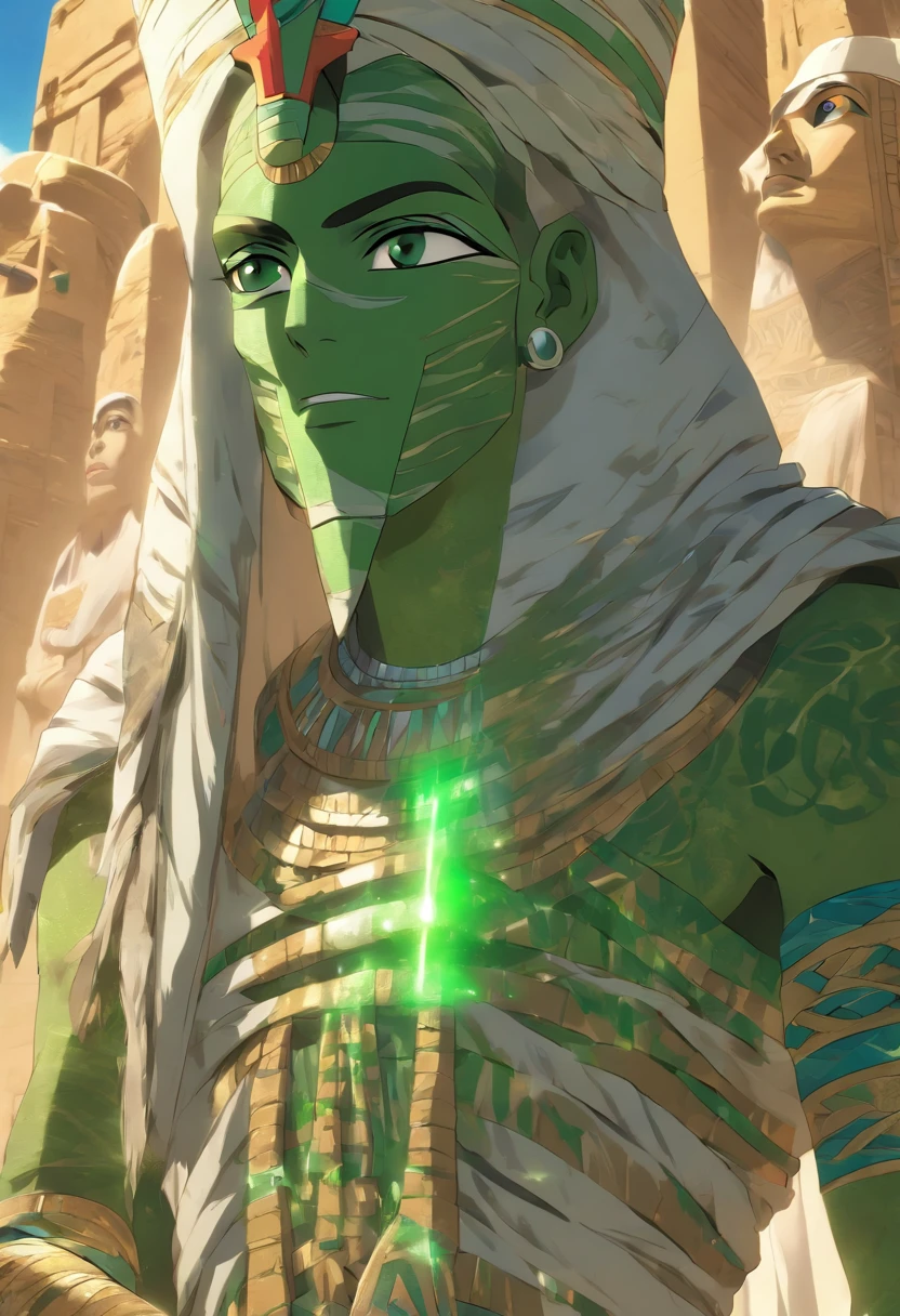 (((Mummified body and green skin))) best quality, very high resolution, 4K detailed CG, masterpiece, Egyptian mythology, Osiris, sun in the background, Ancient Egypt, standing pose, white clothes, Egyptian clothes, Egyptian temple, desert, Ancient Egypt, ((Mummified body and rotten skin)), Egyptian palace, aesthetics, beautiful image, centered on screen, standing pose