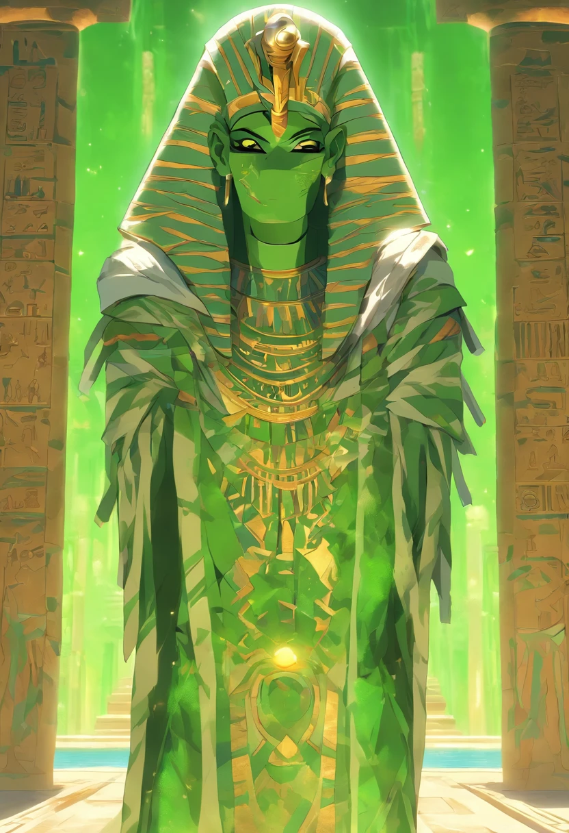 (((Mummified body and green skin))) best quality, very high resolution, 4K detailed CG, masterpiece, Egyptian mythology, Osiris, sun in the background, Ancient Egypt, standing pose, white clothes, Egyptian clothes, Egyptian temple, desert, Ancient Egypt, ((Mummified body and rotten skin)), Egyptian palace, aesthetics, beautiful image, centered on screen, standing pose