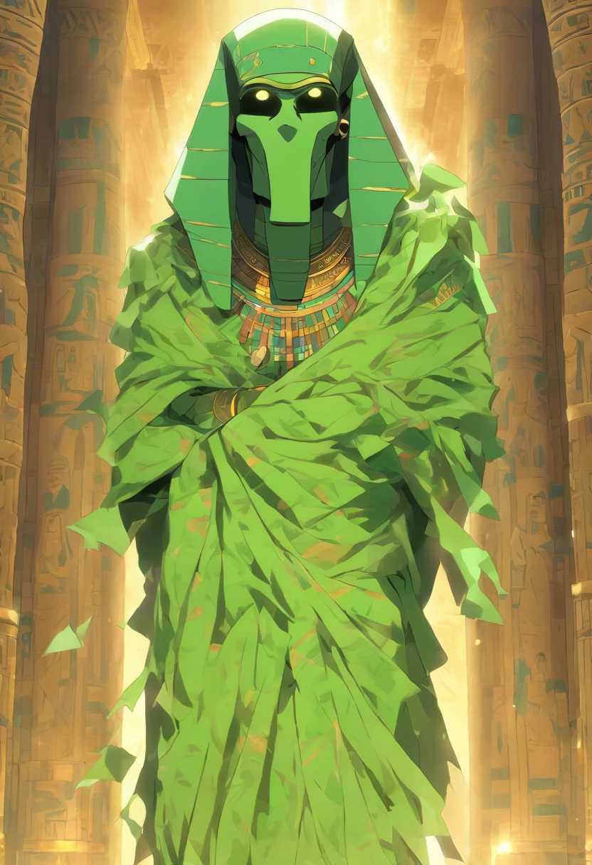 (((Mummified body and green skin))) best quality, very high resolution, 4K detailed CG, masterpiece, Egyptian mythology, Osiris, sun in the background, Ancient Egypt, standing pose, white clothes, Egyptian clothes, Egyptian temple, desert, Ancient Egypt, ((Mummified body and rotten skin)), Egyptian palace, aesthetics, beautiful image, centered on screen, standing pose