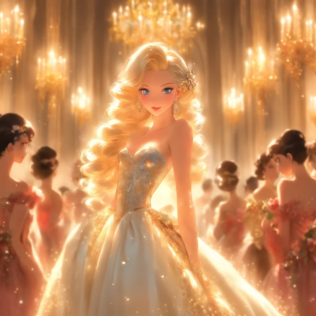 Ten young people gathered in a spacious and bright banquet hall. Two stunning women in gorgeous evening gowns caught everyone's attention. One with blonde hair and blue eyes, the other with black hair and red lips. They exuded elegance and grace, standing out among the crowd. The walls of the banquet hall were adorned with exquisite oil paintings, and the shimmering chandeliers cast a bright light, creating a romantic and luxurious atmosphere. ,32k, best quality, masterpiece, super detail, high details by Jidaimono Anime Style