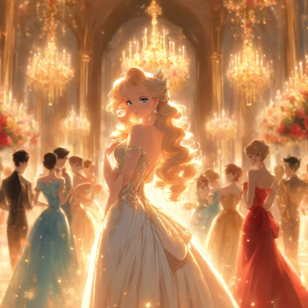 Ten young people gathered in a spacious and bright banquet hall. Two stunning women in gorgeous evening gowns caught everyone's attention. One with blonde hair and blue eyes, the other with black hair and red lips. They exuded elegance and grace, standing out among the crowd. The walls of the banquet hall were adorned with exquisite oil paintings, and the shimmering chandeliers cast a bright light, creating a romantic and luxurious atmosphere. ,32k, best quality, masterpiece, super detail, high details by Jidaimono Anime Style