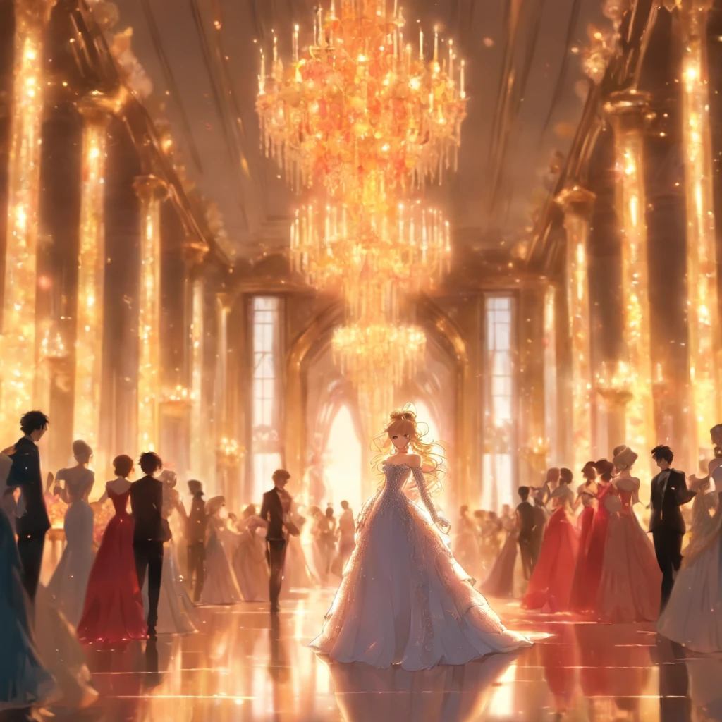 Ten young people gathered in a spacious and bright banquet hall. Two stunning women in gorgeous evening gowns caught everyone's attention. One with blonde hair and blue eyes, the other with black hair and red lips. They exuded elegance and grace, standing out among the crowd. The walls of the banquet hall were adorned with exquisite oil paintings, and the shimmering chandeliers cast a bright light, creating a romantic and luxurious atmosphere. ,32k, best quality, masterpiece, super detail, high details by Jidaimono Anime Style