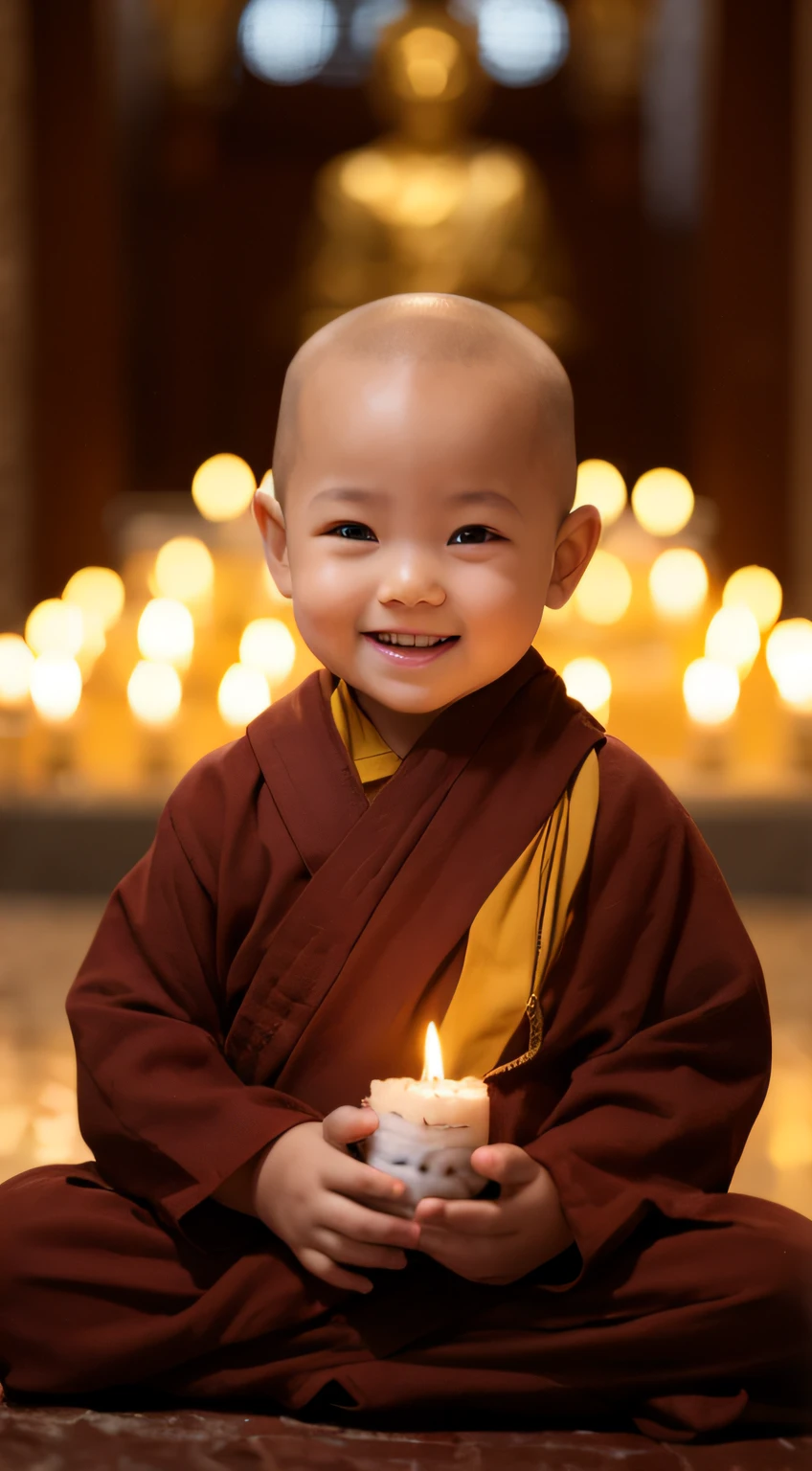 A 2-year-old child, smiling and cute, in the shape of a little monk, standing in the temple hall, holding a lotus in his hands, with wax candles and temple elements in the background