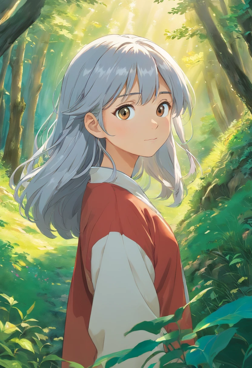 Produce a meticulously detailed depiction of a silver-haired girl standing before a captivating natural vista. Her hair should be rendered in an intricately messy yet artful fashion, suggesting a windswept and carefree demeanor. Pay keen attention to her facial expression, ensuring it conveys a sense of wonder and serenity as she gazes upon the breathtaking landscape. Enrich the image with a nuanced play of light and shadow to accentuate the contours of her face and the landscape, imbuing it with depth and realism.