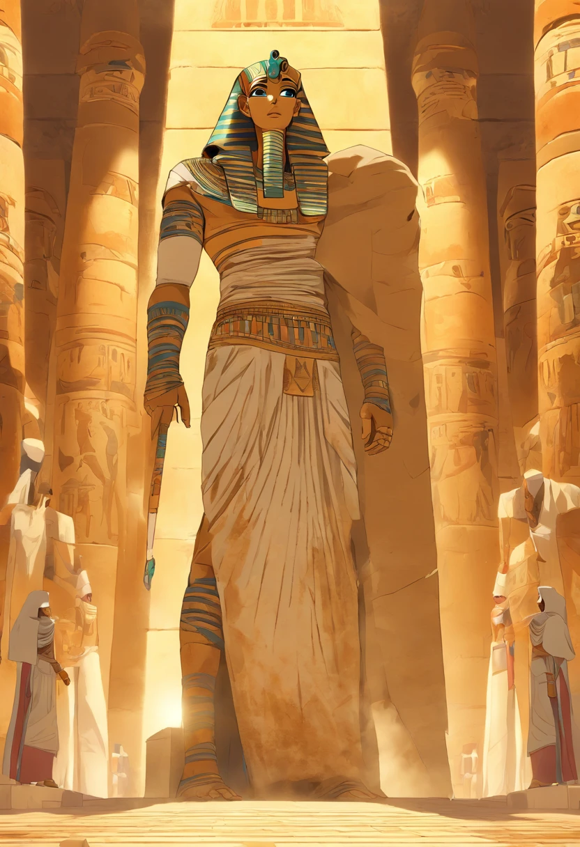 (((Mummified body))) best quality, very high resolution, 4K detailed CG, masterpiece, Egyptian mythology, Osiris, sun in the background, Ancient Egypt, standing pose, white clothes, Egyptian clothes, Egyptian temple, desert, Ancient Egypt, ((Mummified body and rotten skin)), Egyptian palace, aesthetics, beautiful image, centered on screen, standing pose
