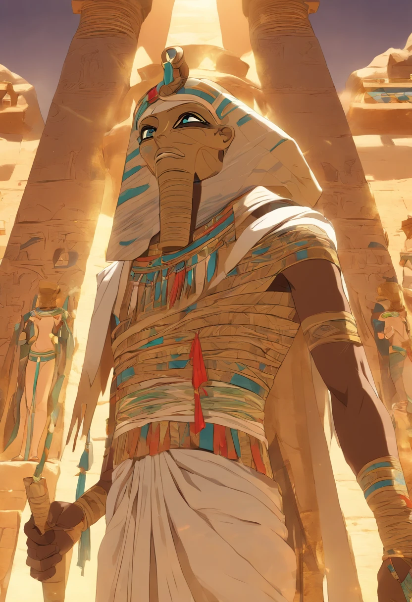 (((Mummified body))) best quality, very high resolution, 4K detailed CG, masterpiece, Egyptian mythology, Osiris, sun in the background, Ancient Egypt, standing pose, white clothes, Egyptian clothes, Egyptian temple, desert, Ancient Egypt, ((Mummified body and rotten skin)), Egyptian palace, aesthetics, beautiful image, centered on screen, standing pose