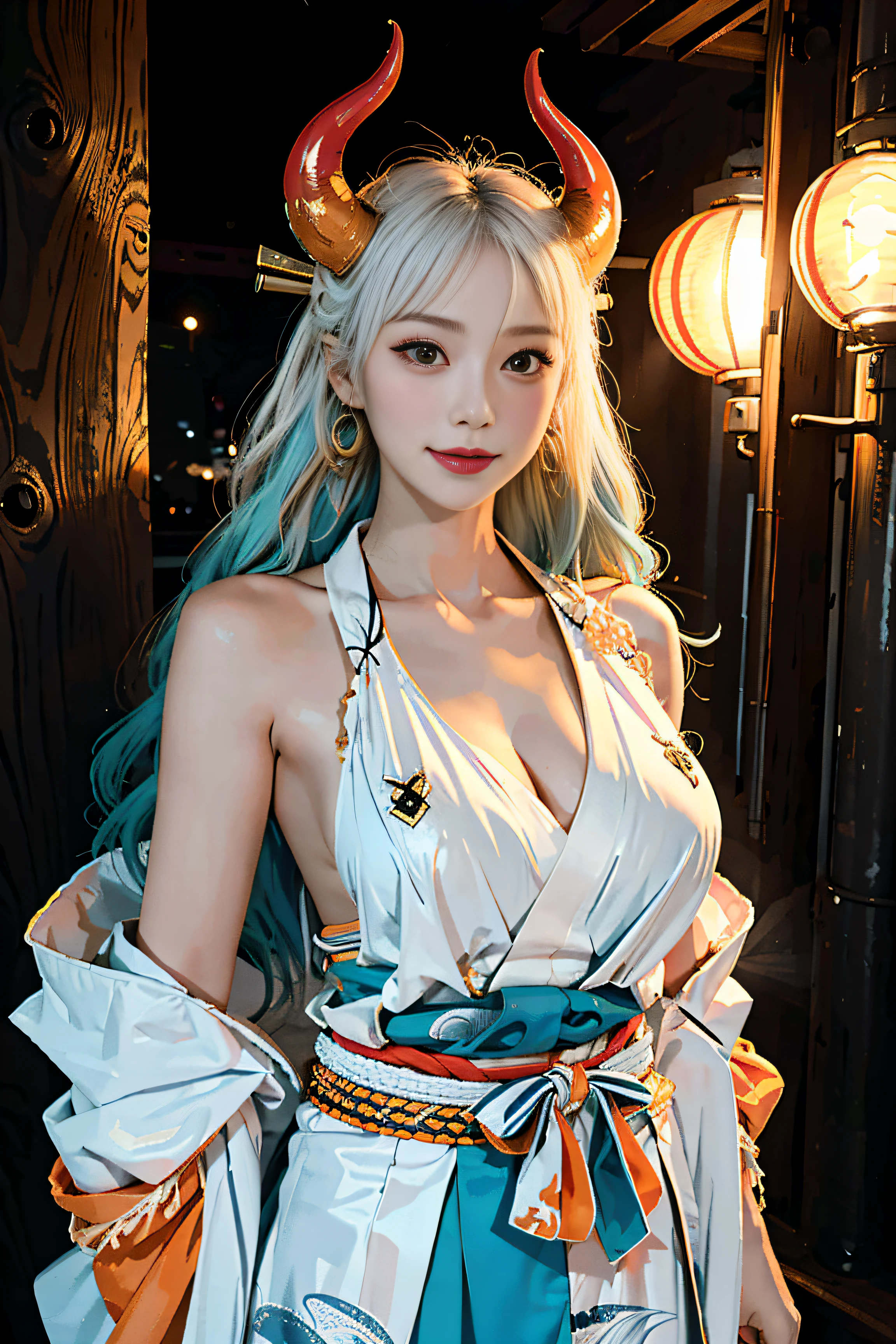 (masterpiece:1.2), (ultra detailed background, delicate pattern, intricate detail), (highly detailed, fine details), best quality, beautiful lighting, ((large breasts, slim girl, very slim girl)), (cowboy shot), YamatoV2, long hair, 1girl, beautiful girl, horns, white hair, solo, oni, red horns, curled horns, hair ornament, (multicolored horns), jewelry, earrings, Japanese clothes, kimono, hair stick, sleeveless, bare shoulders, aqua hair, sidelocks, hoop earrings, hakama, smile, wide smile, ((orange eyes)),