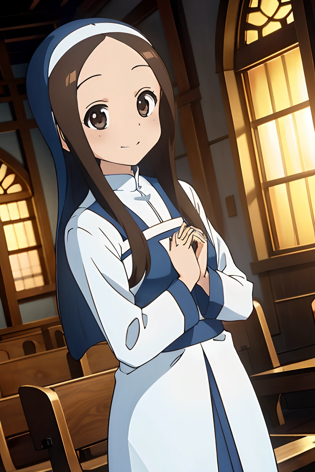 (Realistic),(Photorealistic),Takagi_San, 1girl in, Long hair,((Blue nun clothes)), Brown hair, Part bangs, Long sleeves, Forehead, Cultivated woman，brown shoes, Smile, Looking at Viewer,Prayer Pose，Fold your hands in front of your chest,，masutepiece,Full body, Best Quality, (Colorful),volumatic light, Ray tracing,the Extremely Detailed CG Unity 8K Wallpapers,Smile,((Chapel at night)),light, Fantasy, magic sparks,