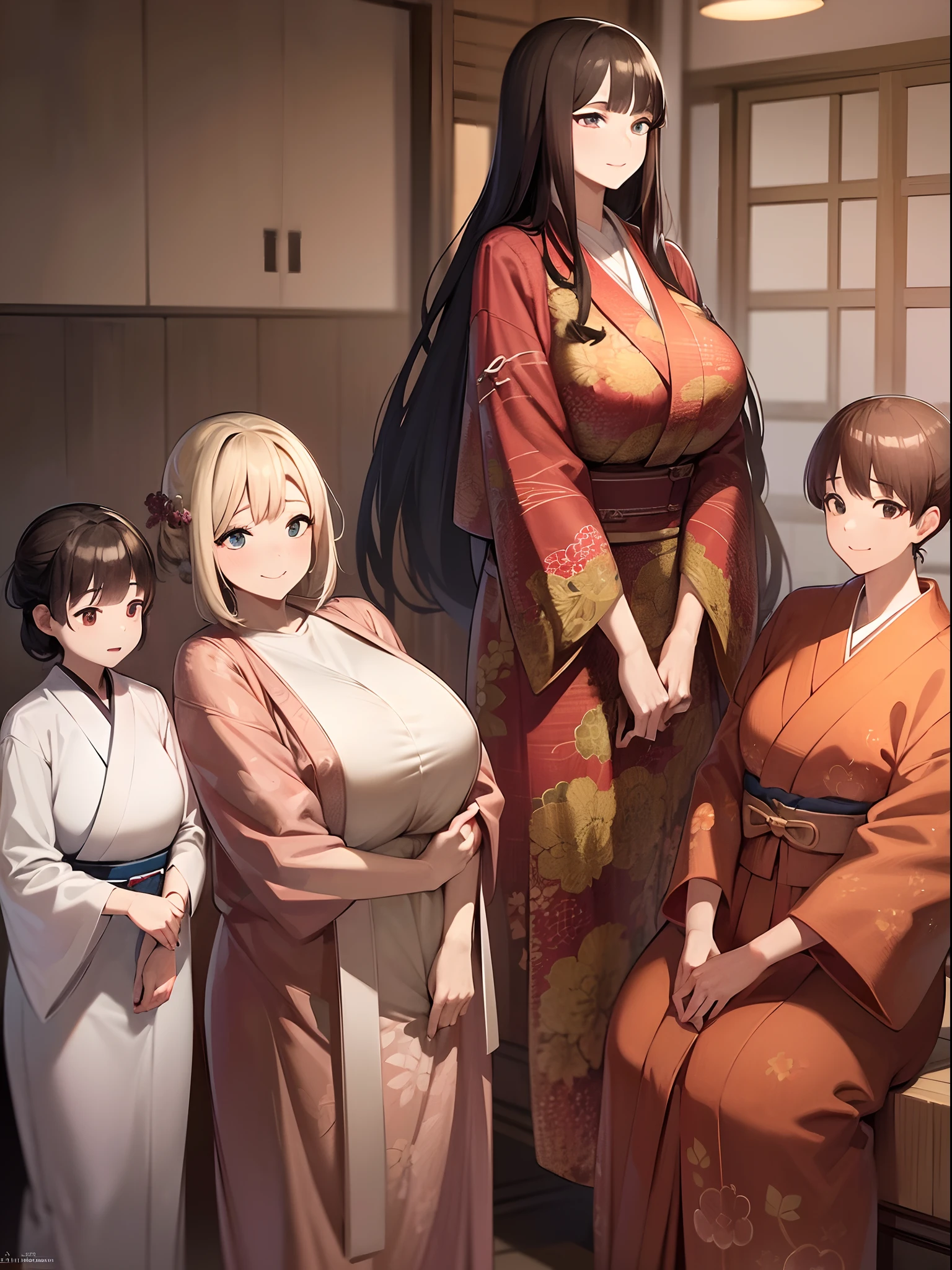 (A hyper-realistic), (Illustration), (High resolution), (8K), (Very detailed), (Best Illustration), (Best Quality), (ultra-detailliert), (masutepiece),Japan female rakugo artist、Mature Woman、Kimono with a large jacket、Seiza、vaudeville、Packed crowd、animesque,gently smiling,(huge chest:1.3)