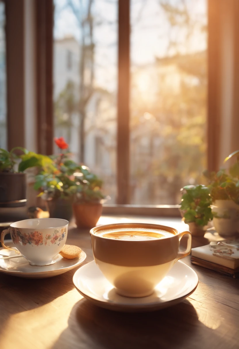 tmasterpiece:1.3, Photorealsitic, 8K, Creative teacups, Large white cup of tea, There are pictures of 2 miniature shortbread on the side,, An old camera, Perspective from above, The light from the back window is backlighted, warm color, Single focus