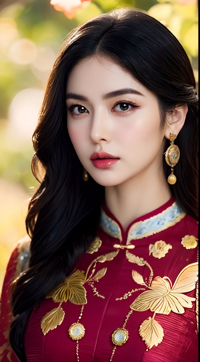 Photorealistic, high resolution, (Detailed face),((Full body photo))The description of the appearance and makeup of the classical republican beauty, as well as the details of the clothing, can include the following aspects：

1. Physical depiction：
   - A beautiful face，The skin is as fair as jade，Reveals a healthy glow。
   - Crooked apricot eyes，The eyes are bright and deep。
   - Long eyelashes，Slightly upturned，Dotted with beautiful butterfly wings。
   - A slightly erect high nose，Complements facial contours。
   - Ruddy lip color，A slightly seductive glow。

2. Makeup details：
   - Delicate and lightweight base，Moisturizing but not greasy，Leaves skin feeling naturally transparent。
   - Light eyeshadow base，Highlights the brightness and luster of the eyes。
   - Thin eyebrows，Beautiful curves，Creates a beautiful symmetry with the eyes。
   - Thick and upturned lashes，Create an attractive curling effect with mascara。
   - Light blush，Slightly upward，Add pink and cute sheen。
   - The delicate lip line outlines the perfect curve of the lip shape，Apply lipstick evenly，The colors are vivid and moving。

3. Clothing description：
   - Style during the Republican period，The attention to detail，Incorporate traditional elements。
   - Premium cheongsam，Silk texture，Cut to fit snugly，Accentuate the curves of your figure。
   - Delicate embroidery、Lace and sequin trims，Add flamboyance and sophistication。
   - Intricate flower and bird patterns or geometric decorations，It reflects the characteristics and aesthetics of the times。
   -Accessories，It is usually paired with a delicate necklace、Earrings and bracelets，Add feminine elegance