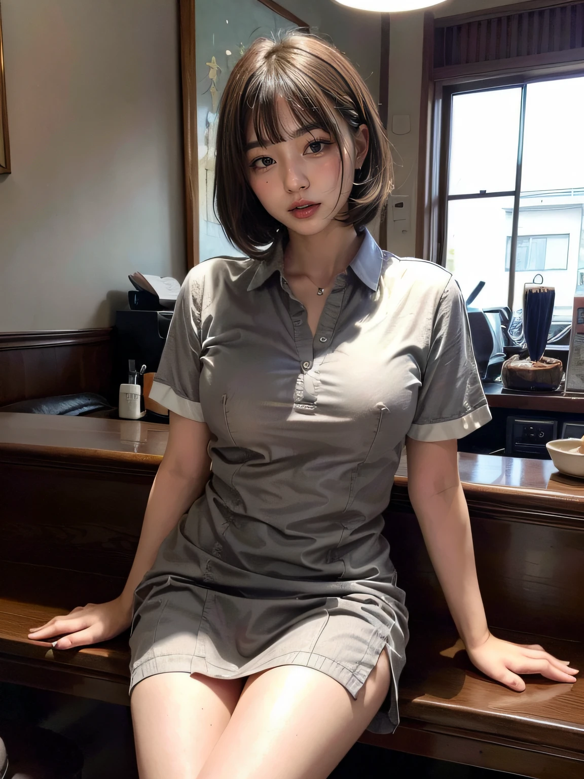 One Cute Japan Woman、((((Cafe clerk in short-sleeved uniform、The lower part of the body is completely naked))))、((bob cuts))、Looking at the camera、Transcendent beauty、Moles under the eyes、Thin woman、(((Licking dick )))、(Dark indoor、on the beds、Professional Writing)、Luminous skin、big butts、((breasts are very large))、amorous、Barefoot、Sensational、(I love guys)、float、I'm 、Sense of truth、Seduction poses、(R-18)、Mature、coverd nippple、Inviting look、tre anatomically correct、I want to have sex every day、I'm going to have sex again today、I want you to handle it a little roughly............、The expression of climax、