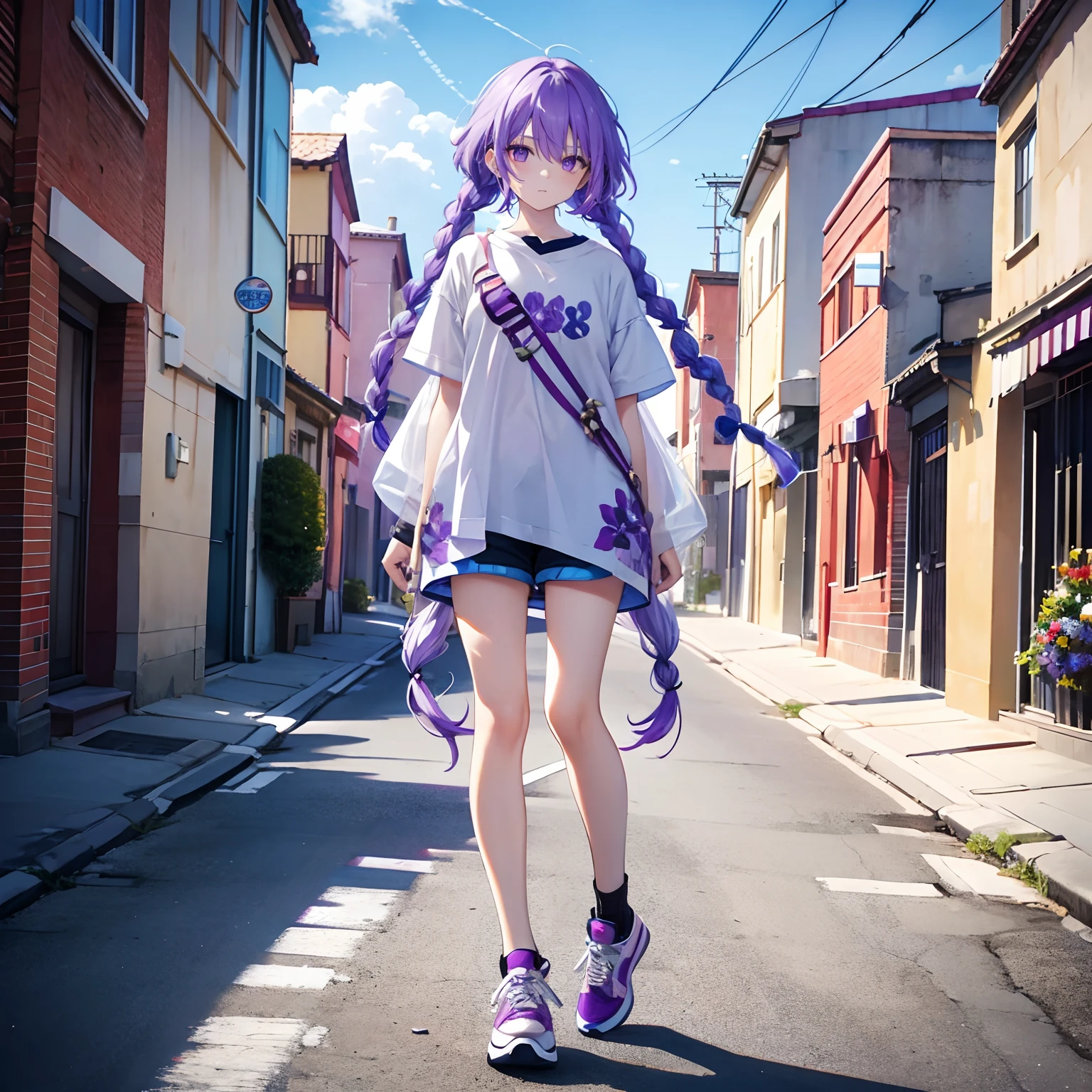 Purple colored hair，long whitr hair，Purple eyes，Twist braids，woman，Adults，mature，Wear short-sleeved shorts，Wear sneakers on your feet，full-body photo on the front，All body，Fingers and arms are not exposed，Background street，with blue sky and white clouds，Flowers
