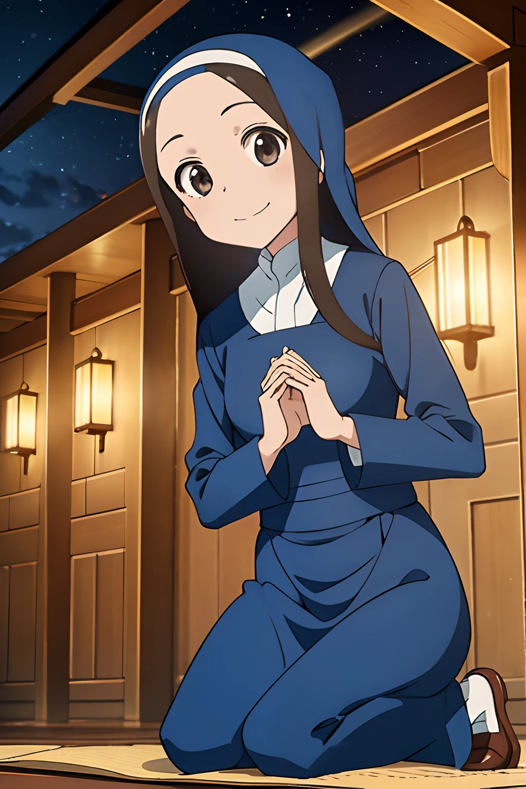 (Realistic),(Photorealistic),Takagi_San, 1girl in, Long hair,((Blue nun clothes)), Brown hair, Part bangs, Long sleeves, Forehead, Cultivated woman,brown shoes, Smile, Looking at Viewer,Prayer Pose,Fold your hands in front of your chest,,masutepiece,Full body, Best Quality, (Colorful),volumatic light, Ray tracing,the Extremely Detailed CG Unity 8K Wallpapers,Smile,((Chapel at night)),light, Fantasy, magic sparks,