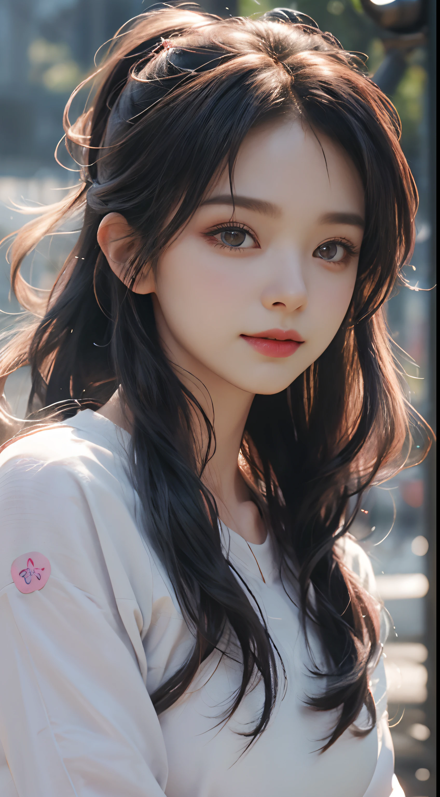((huge-breasted)), ((,)), ((Very small head)), Daylight, Sunlight, Bright light, (Perfect body : 1.1), (fullllbody), (short wavy hair:1.2, dark brown hair, Pink and blue mesh hair, Thin mesh), Full body shot, ((Tight workout wear), (Sweat), (Very detailed CG 8k wallpaper), (extremely delicate and beautiful), (masutepiece), (Best Quality:1.0), (超A high resolution:1.0), (realisitic), beautiful lightning ,Perfect Lightning, Realistic Shadows, [hight resolution], Detailed skin, Ultra-detailed, Slim body), (Beautiful hair, Wavy Hair, Real Hair, detailed hairs, High Ponytail), Fine Collarbone, Beautiful breasts, blush, Photorealistic, Realistic face, Beautiful face, Cute face, Realistic eyes, Small eyes, Cute smile, (((Colorful))), (eye liner), (mascara), (eye shadow), (At the gym), Looking back, bighip, (child-faced)