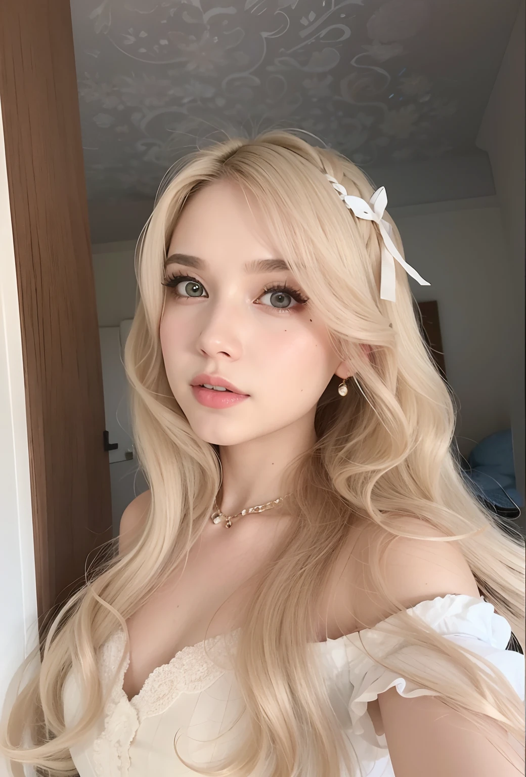 um close up de uma mulher com longos cabelos loiros usando um vestido branco, longos cabelos loiros e olhos grandes, longos cabelos loiros e olhos grandes, Retrato de Kim Petras, linda Delphine, cabelos loiros e olhos grandes, uma menina com cabelo loiro, Deusa loira, ava max, pale skin curly blond hair, com longos cabelos loiros, menina loira bonita, uma loira linda