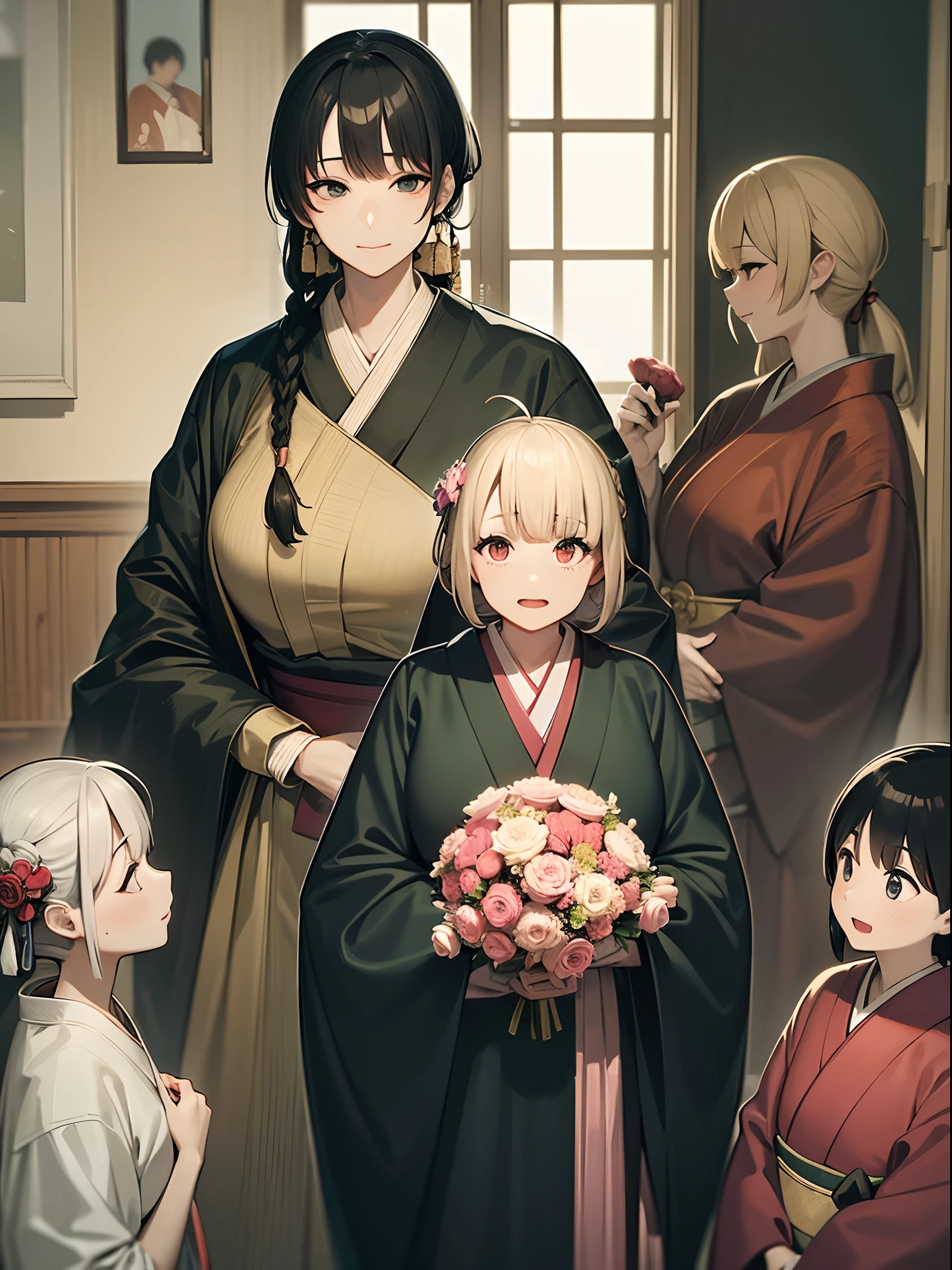 (A hyper-realistic), (Illustration), (High resolution), (8K), (Very detailed), (Best Illustration), (Best Quality), (ultra-detailliert), (masutepiece),Japan female rakugo artist、Mature Woman、Kimono with a large jacket、Seiza、vaudeville、Packed crowd、animesque,gently smiling,(huge bust),holding flower bouquet、celebration、omatsuri,braid ponytail hair,ahoge,