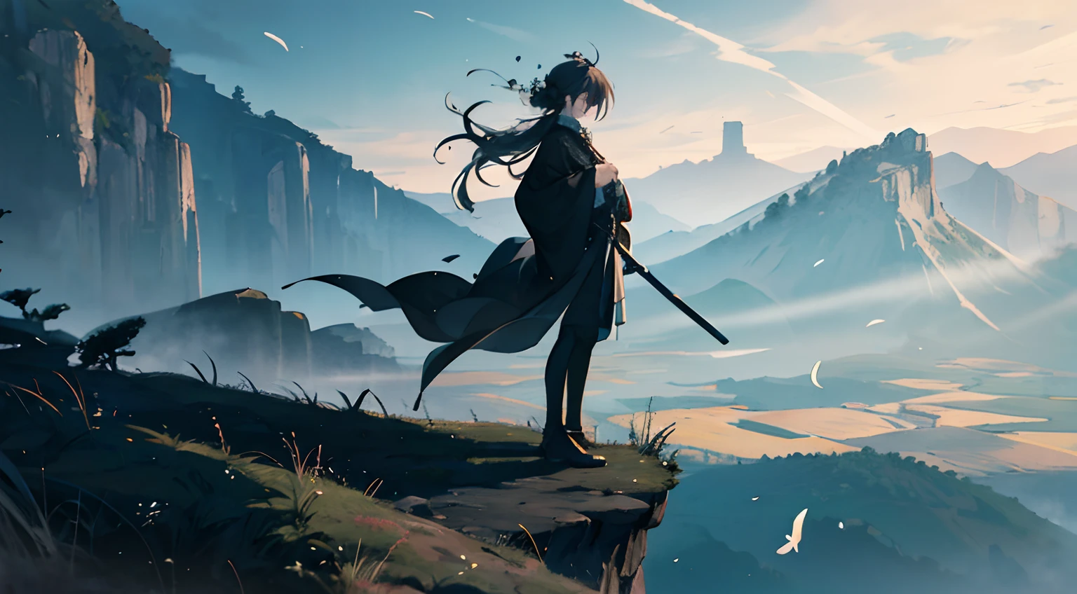 Stand on top of a cliff,Looking out over the forest,Wearing black gauze fluttering in the wind,The end of the gauze is slightly damaged,And cover the head,A long sword hangs from his waist.
