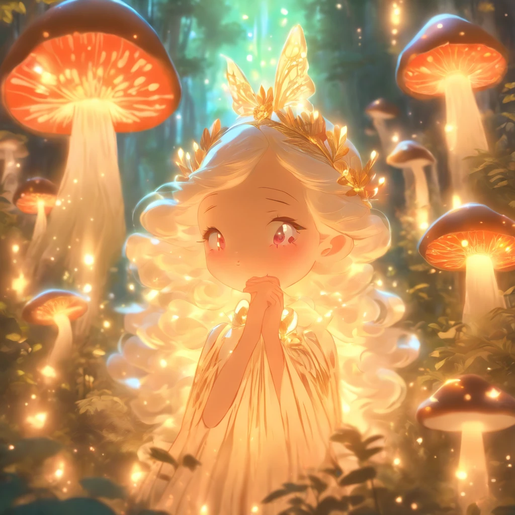 (best quality,ultra-detailed),mushroom forest queen goddess,ethereal,enchanted forest,beautiful detailed eyes,beautiful detailed lips,flowing gown,graceful pose,fairy wings,halo of light,magical crown,glowing mushrooms,whispering trees,mystical atmosphere,soft sunlight filtering through leaves,dreamlike colors,fantasy art,whimsical,mythical,otherworldly,lush vegetation,serene expression,alluring presence,harmony with nature,dancing with butterflies,luminous glow,transcendent beauty,majestic presence,enchanted beings,ethereal glow,tranquil aura,peaceful ambiance